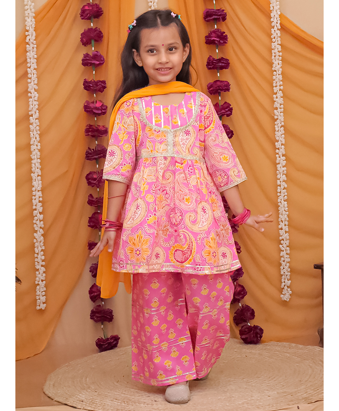 AJ Dezines Cotton Woven Three Fourth Sleeves Floral Printed & Gota Lace Embellished Kurti Palazzo With Dupatta Set - Pink-picture-13
