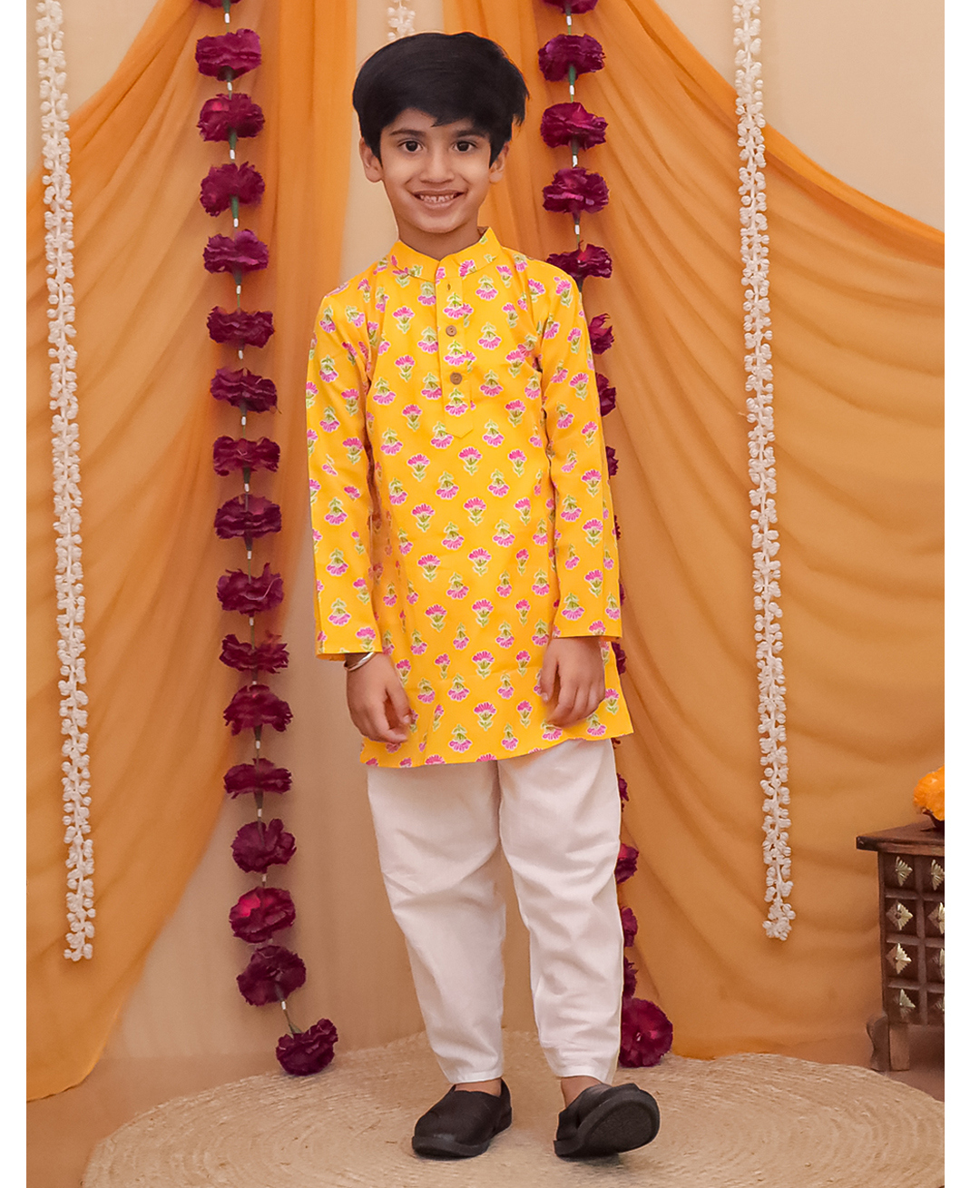 AJ Dezines Cotton Woven Full Sleeves Floral Printed Kurta Pyjama Set - Yellow-picture-37