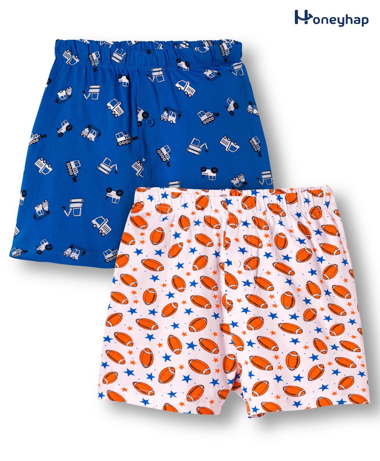 Honeyhap Premium 100% Cotton Mid Thigh Boxers With Rugby Balls & Construction Vehicles Print & Bio Finish Pack of 2 - Indigo Bunting & Bright White-image-6