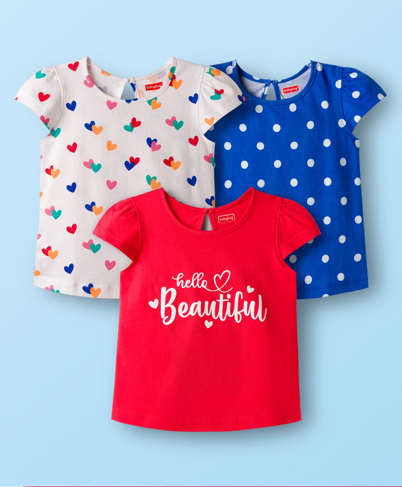 Babyhug 100% Cotton Knit Half Sleeves T-Shirts with Heart & Polka Dot Print Pack of 3 - Navy Blue Red & White