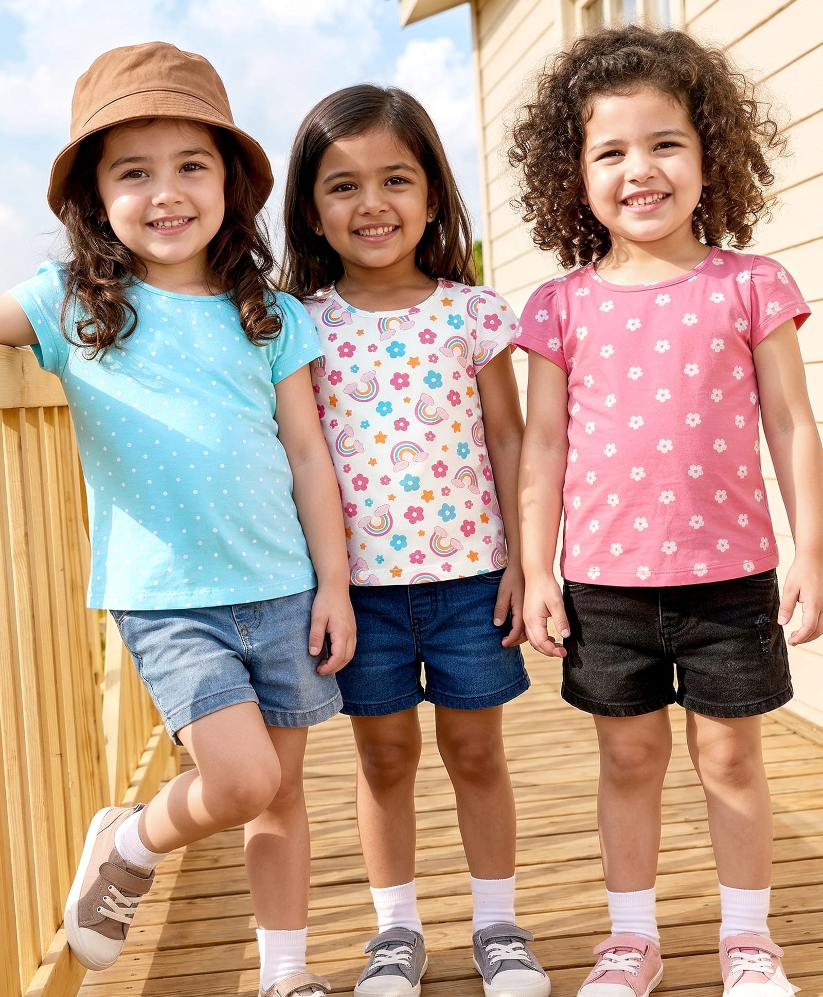 Babyhug 100% Cotton Knit Half Sleeves T-Shirts with Floral & Polka Dot Print Pack of 3 - Light Blue Pink & White-image-44