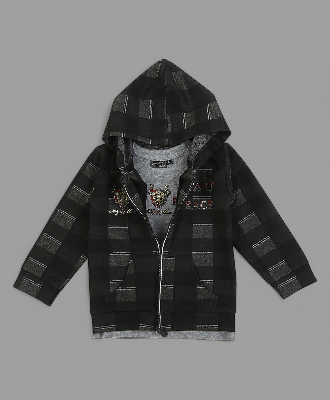 Actuel Pure Cotton Knit Full Sleeves Abstract Printed Light Winter Hooded Jacket With Tee - Black & Grey-image-37
