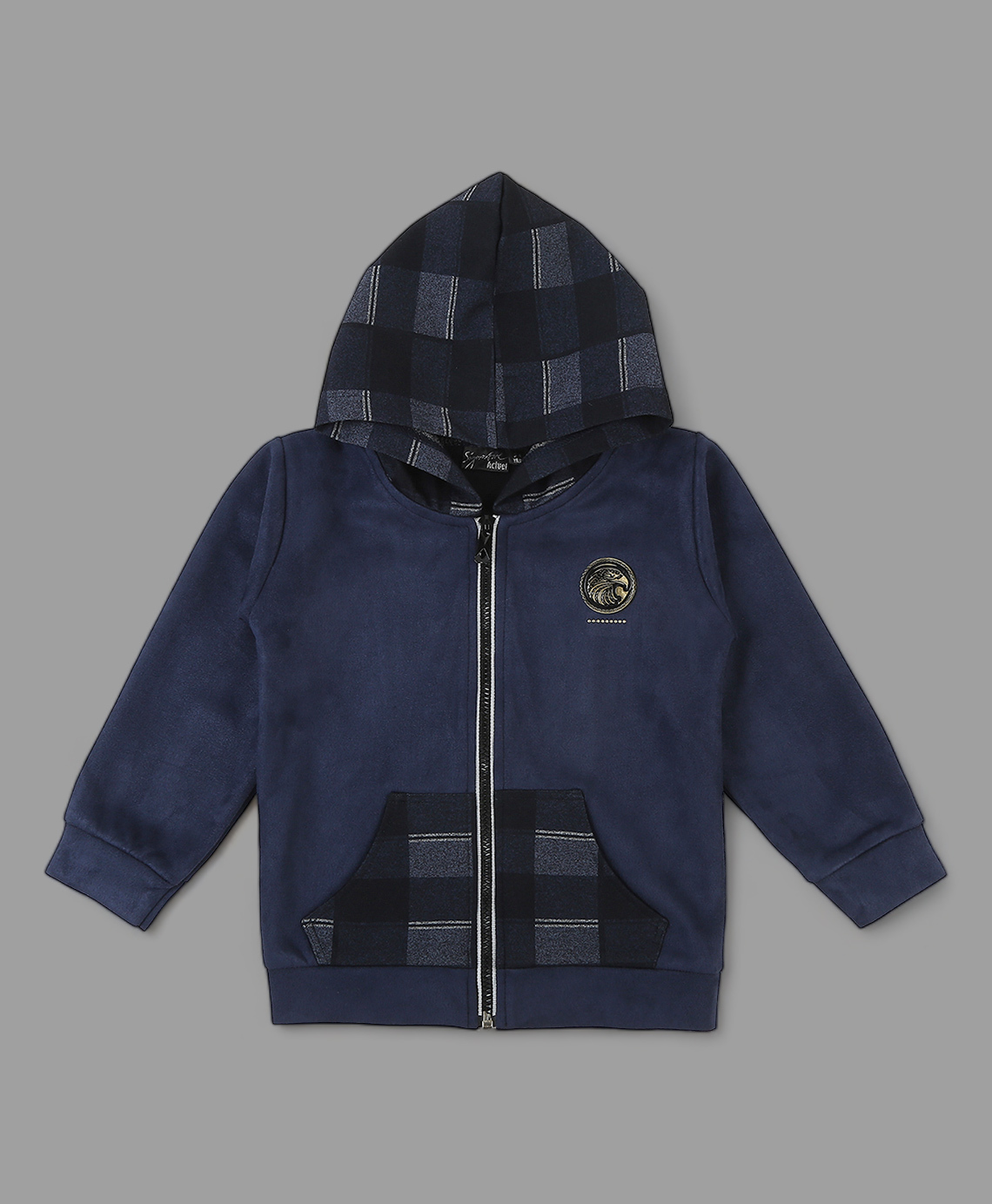 Actuel Suede Woven Full Sleeves Abstract Printed Light Winter Hooded Jacket-Blue-image-19