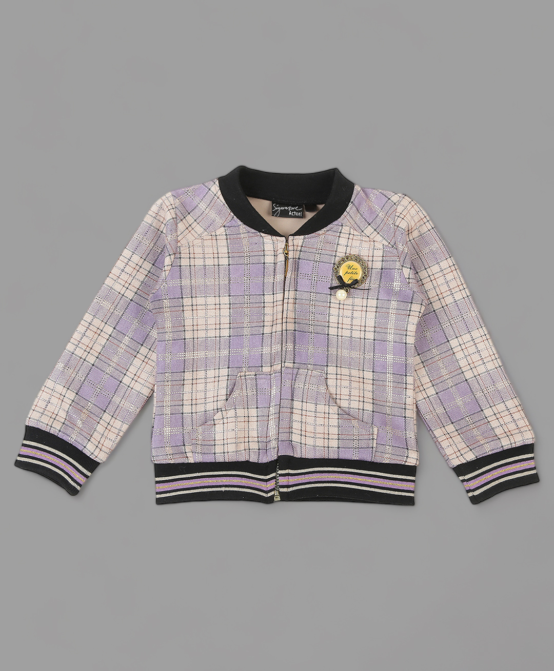 Actuel Cotton Woven Full Sleeves Tartan Checked Brooch Detailed Light Winter Jacket - Purple Cream & Black-picture-16