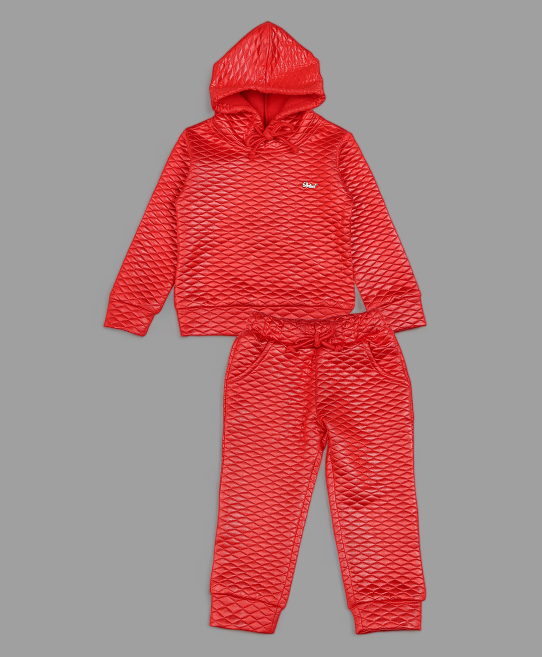 Actuel Woven Full Sleeves Brand Name Applique Detailed Quilted Hooded Winter Sweatshirt With Joggers Set - Red-image-41