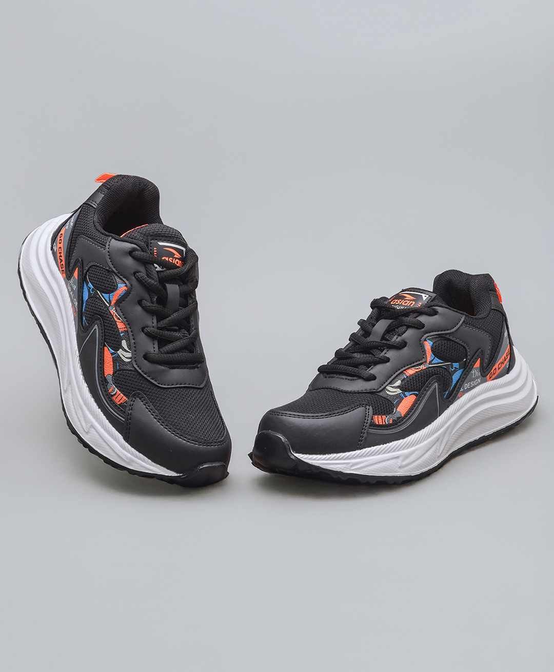 asian Mesh Detailed & Go Chase Text Designed With Lace Up Shoes - Black Orange-image-26
