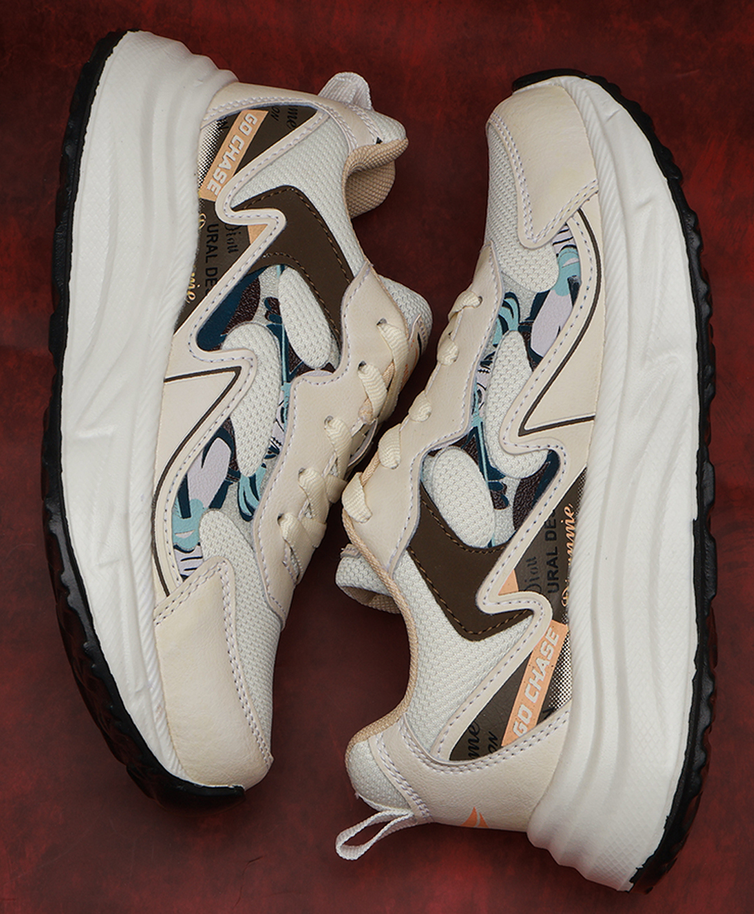 asian Mesh Detailed & Go Chase Text Designed With Lace Up Shoes - Cream & Beige-picture-26