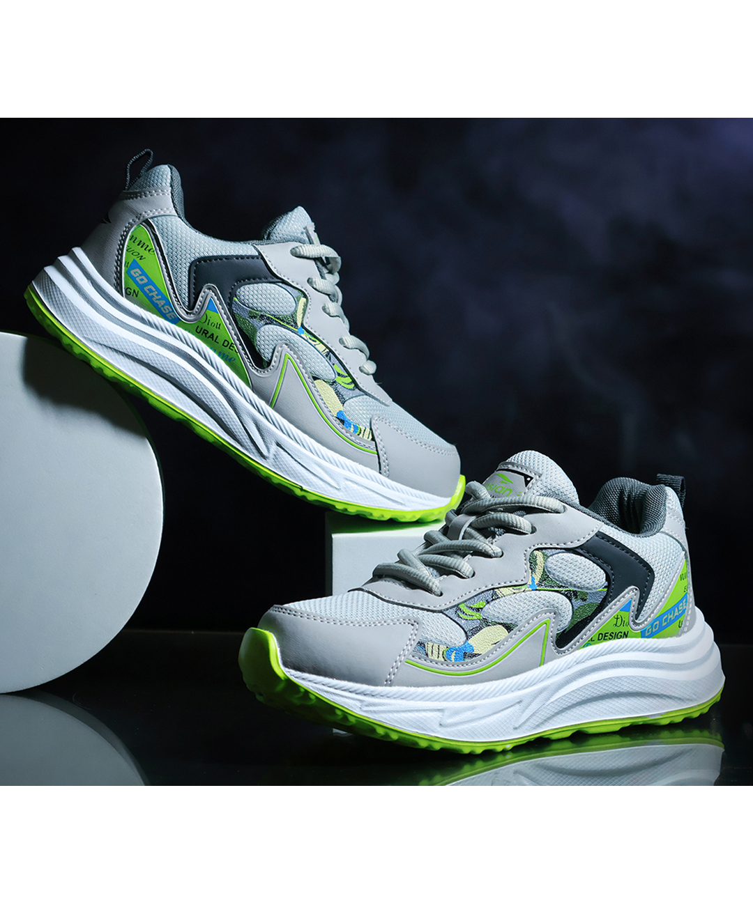 asian Mesh Detailed & Go Chase Text Designed With Lace Up Shoes - Light Grey & Parron Green-picture-24