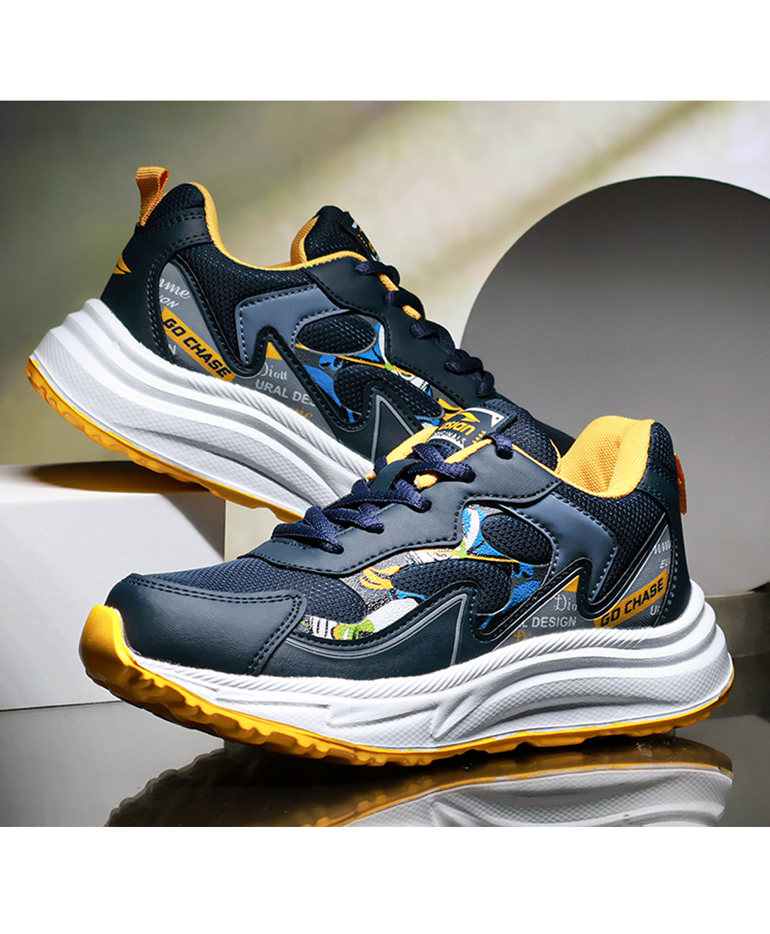 asian Mesh Detailed & Go Chase Text Designed With Lace Up Shoes - Navy Blue & Mustard-image-21
