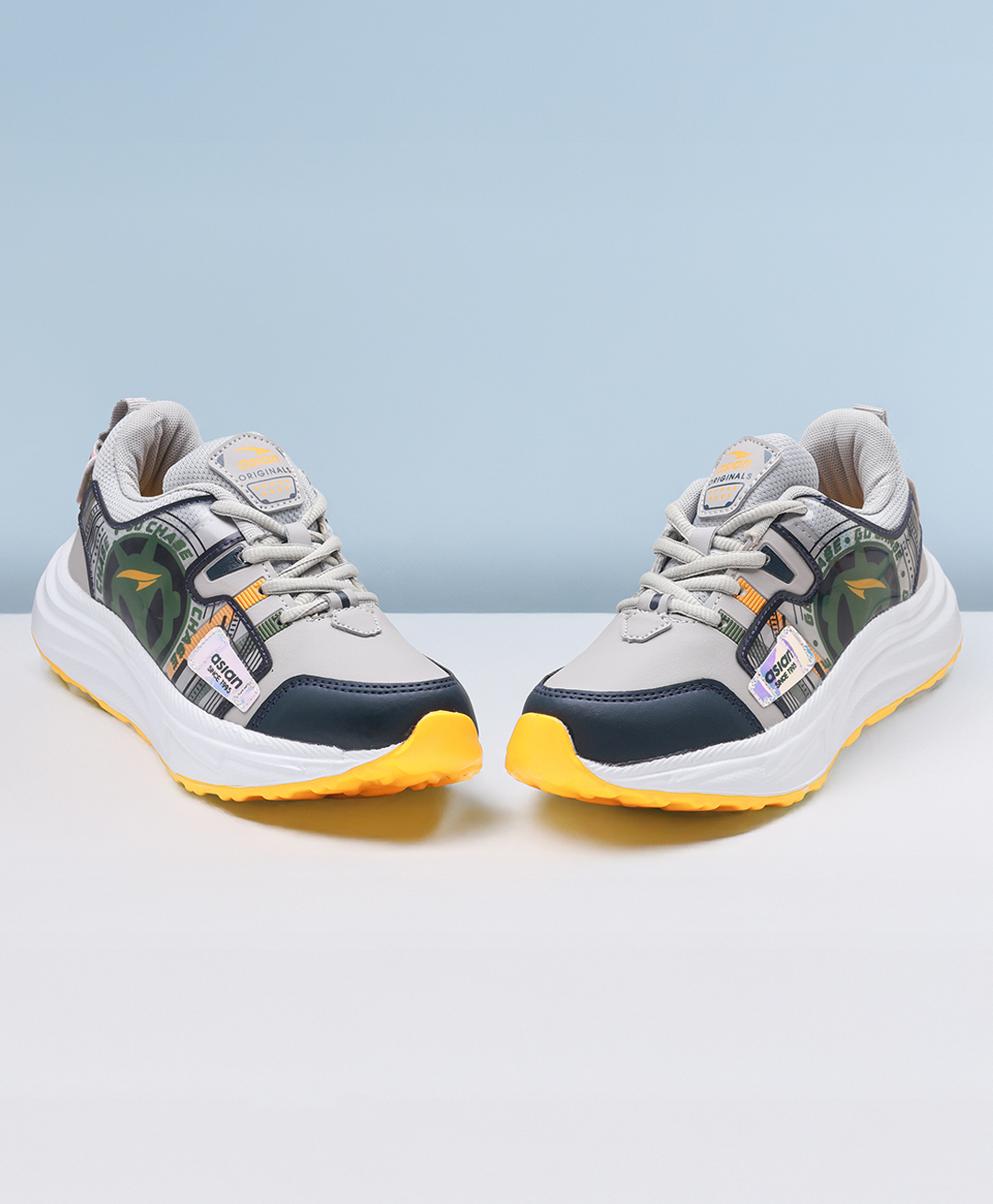 asian Mesh Detailed & Go Chase Text Designed With Lace Up Shoes - Light Grey & Navy Blue-image-6