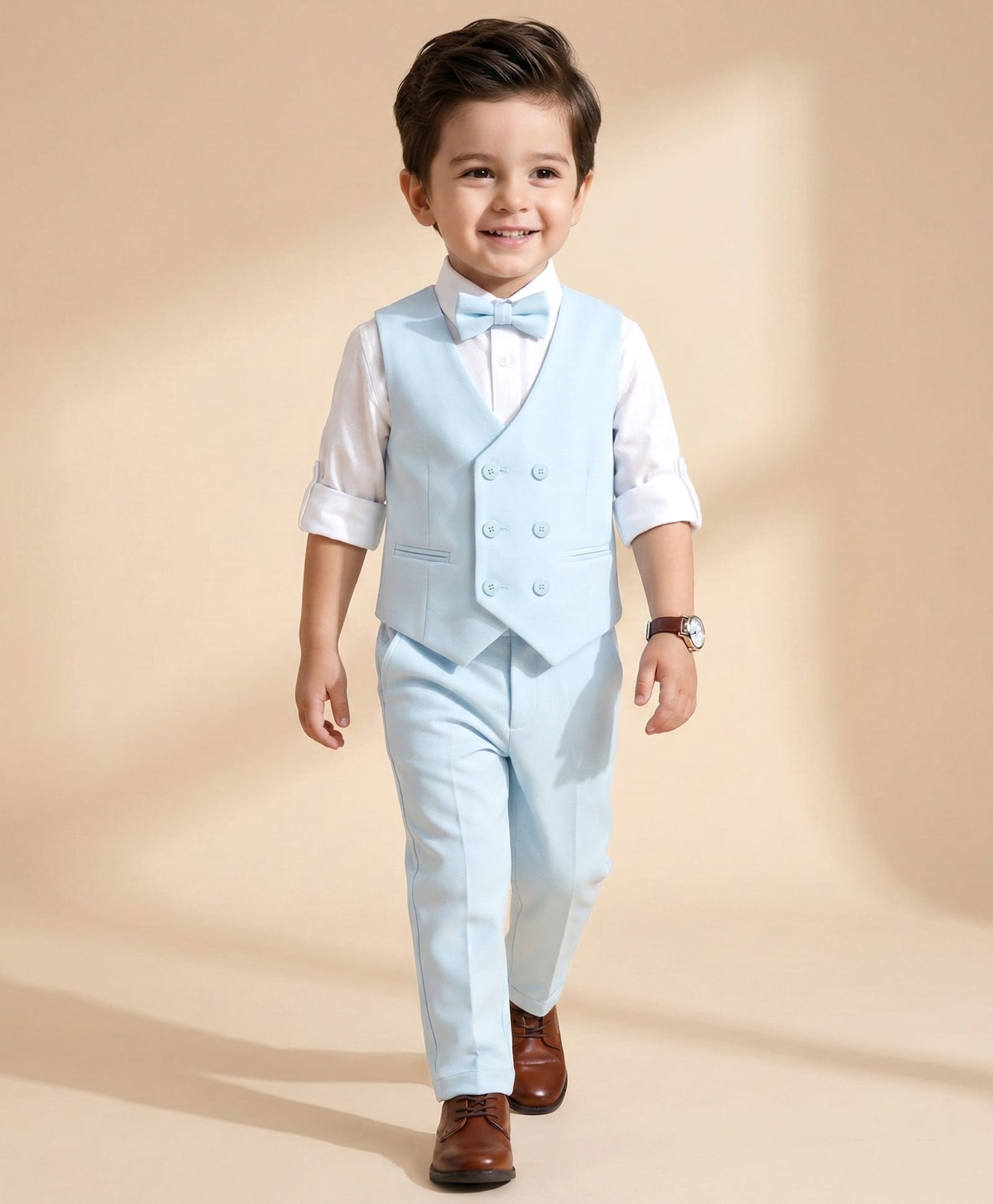 Babyhug Woven Full Sleeves Solid Color 3 Piece Party Suits with Bow - Aqua Blue-picture-25