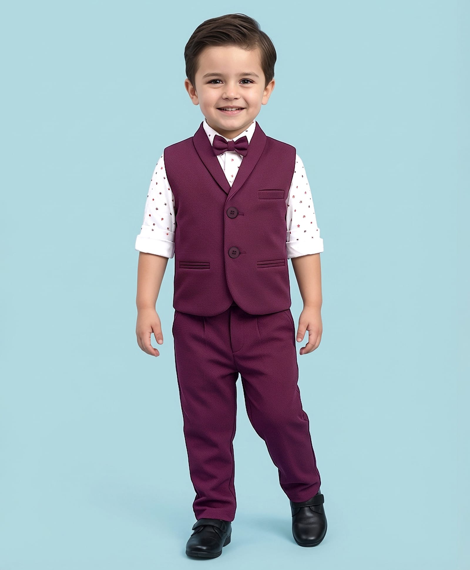 Babyhug Woven Full Sleeves 3 Piece Party Suit With Star Print & Bow - Wine