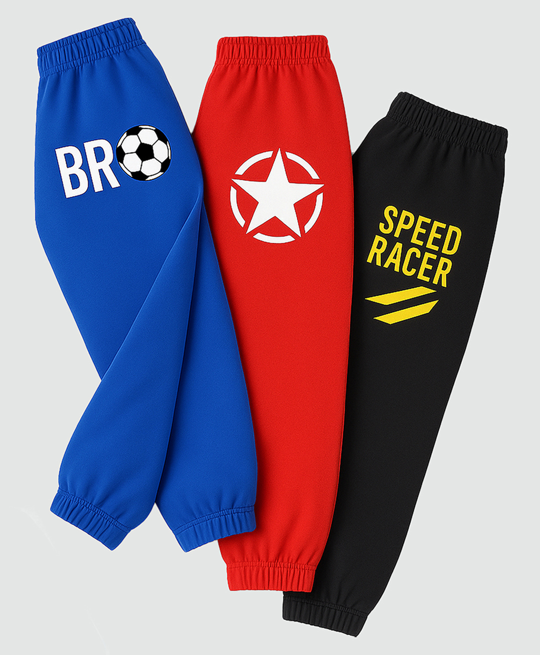 KUCHIPOO Cotton Blend Knit Pack Of 3 Star & Typography Printed Track Pants - Red Blue & Black-picture-16