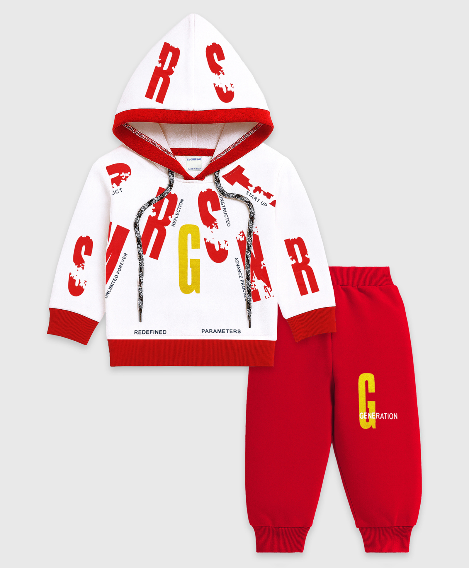 KUCHIPOO Fleece Knit Full Sleeves Typography Printed Light Winter Hoodie & Joggers Set - Red & White-picture-28