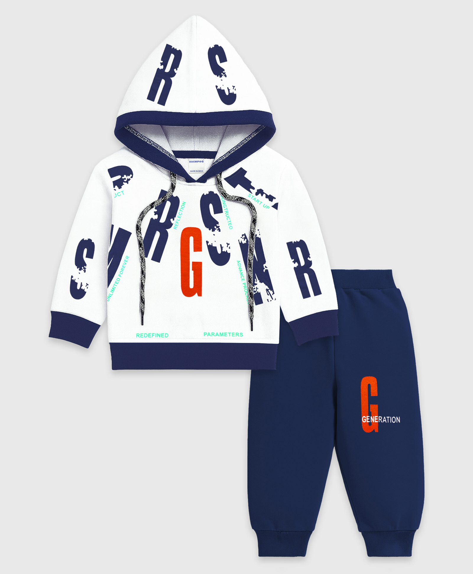 KUCHIPOO Fleece Knit Full Sleeves Typography Printed Light Winter Hoodie & Joggers Set - Navy Blue & White-picture-34
