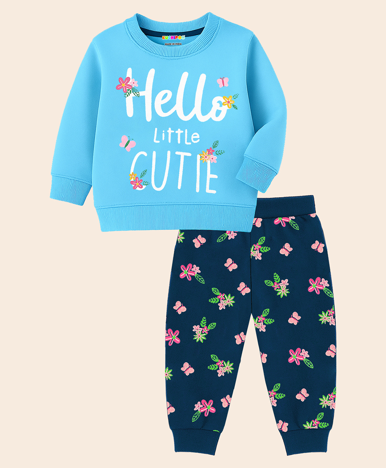 KUCHIPOO Flece Knit Full Sleeves Floral & Typography Printed Light Winter Sweatshirt & Joggers Set - Blue-image-24