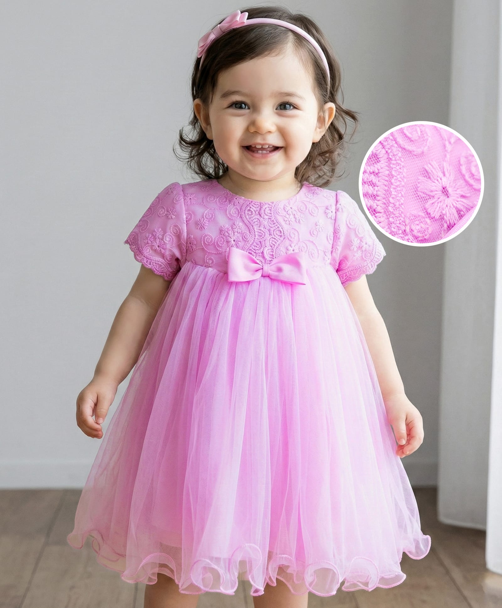 Babyhug Woven Half Puff Sleeves Party Frock With Bow Applique & Embroidery Detailing in Yoke - Lilac-picture-27