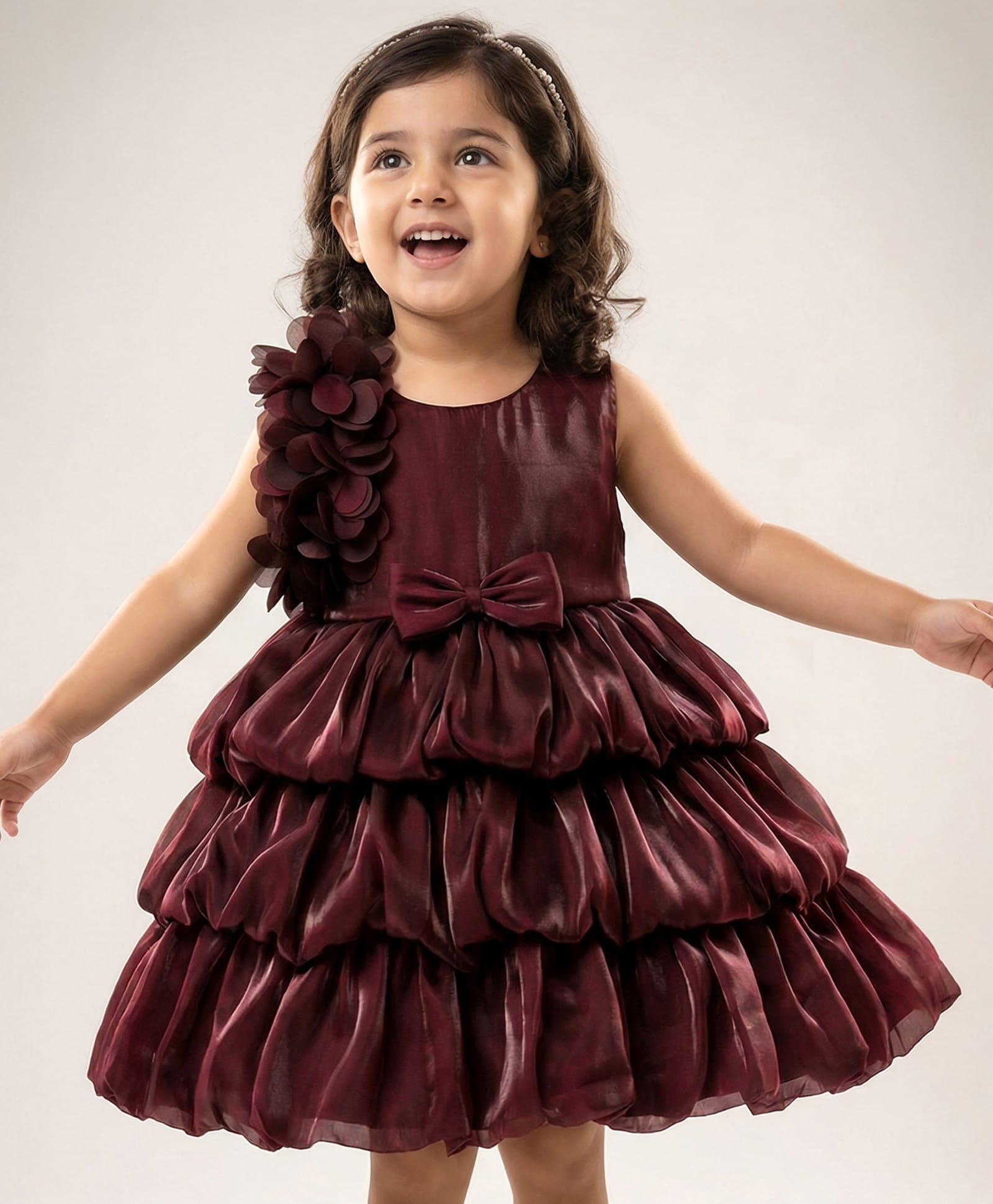 Babyhug Woven Sleeveless Frock With Floral & Bow Applique - Wine-image-43