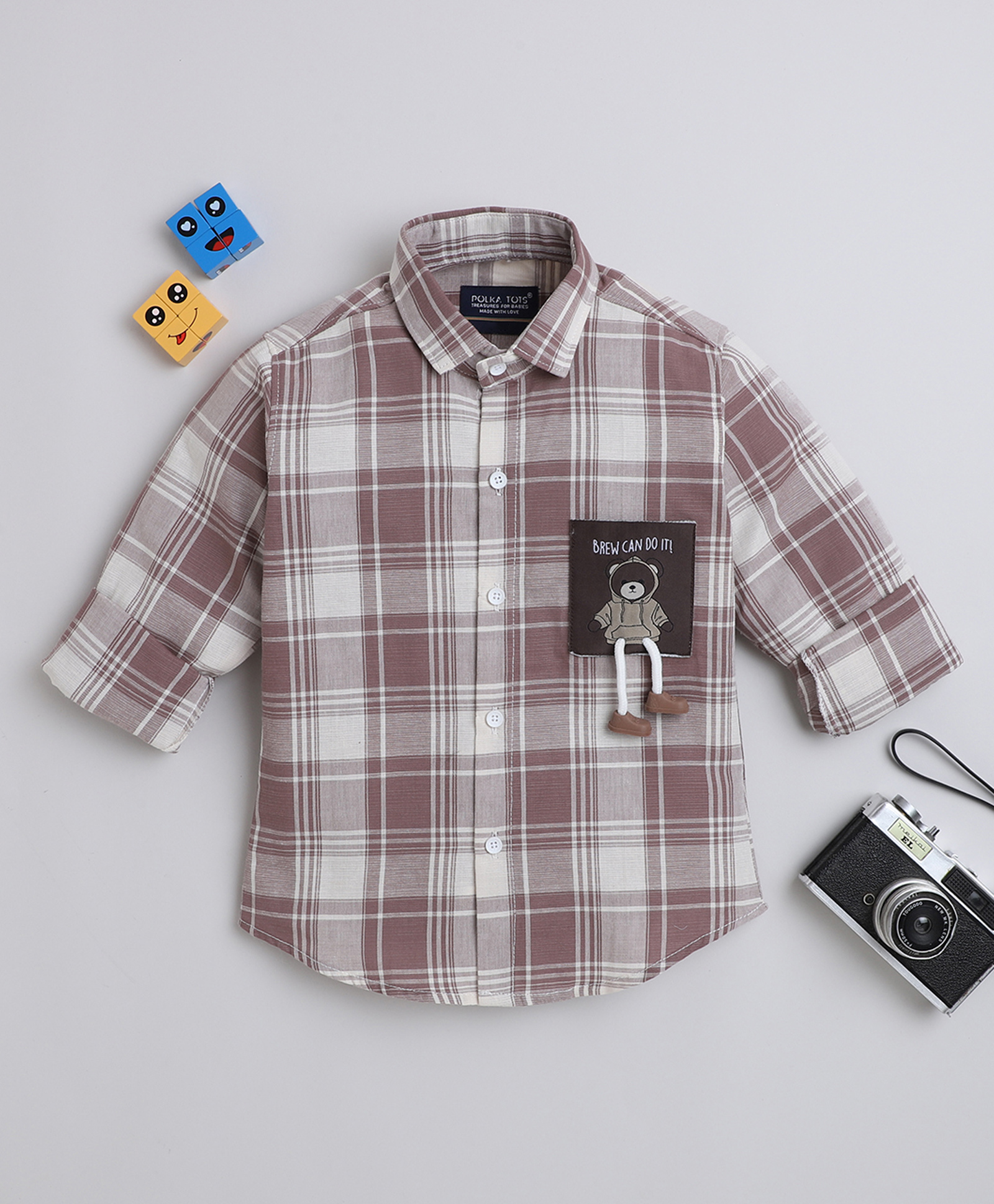 Polka Tots Cotton Woven Full Sleeves Bear Patch Detailed Checked Shirt - Brown-image-43