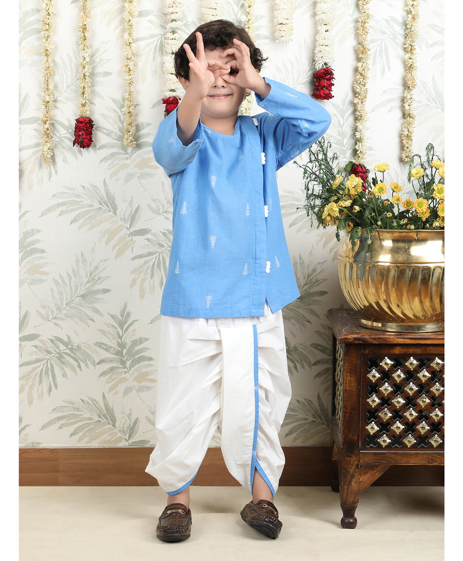 Polka Tots Cotton Woven Full Sleeves Abstract Printed Angrakha Kurta Dhoti Set - Blue-picture-35