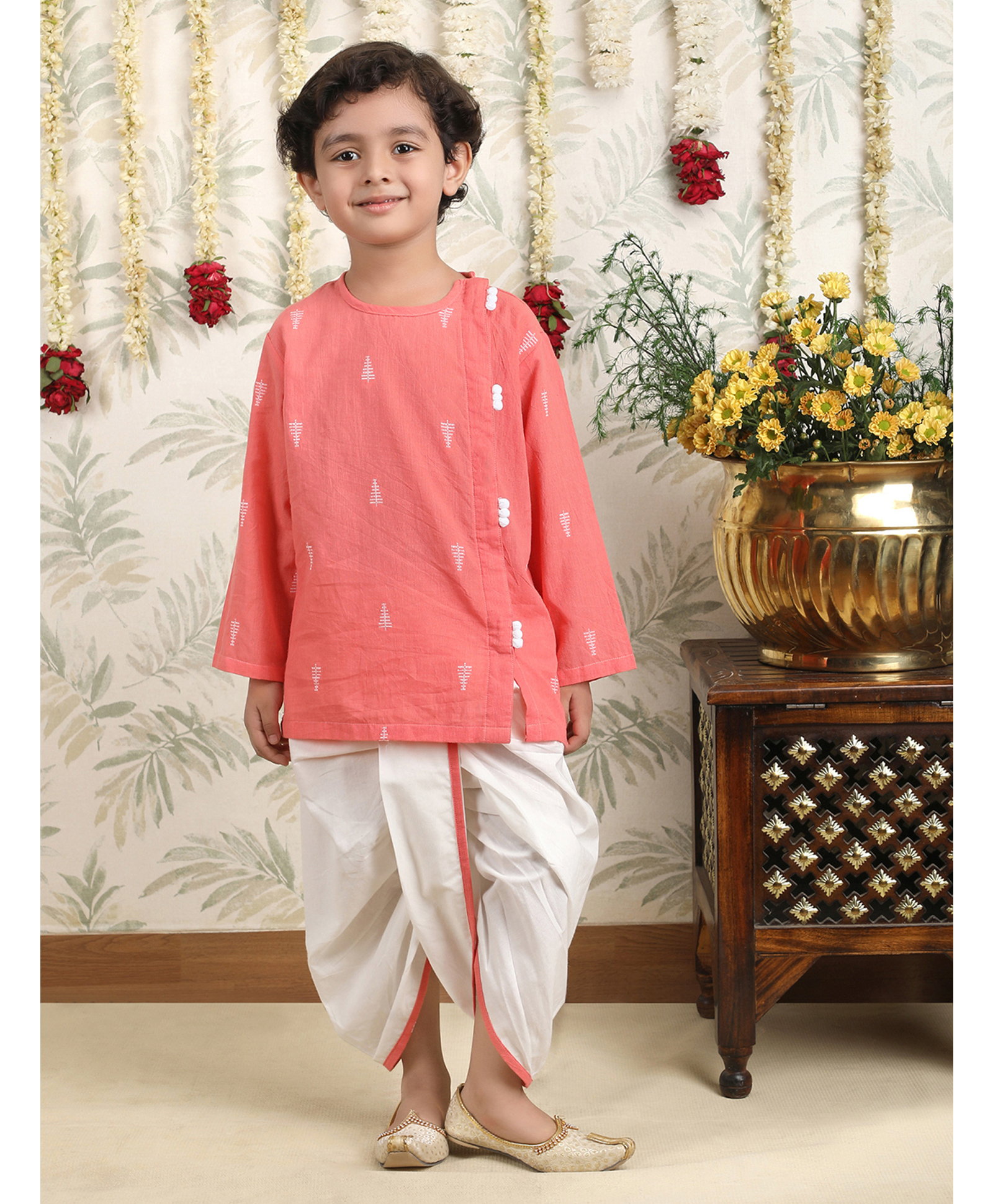 Polka Tots Cotton Woven Full Sleeves Abstract Printed Angrakha Kurta Dhoti Set - Peach-picture-33