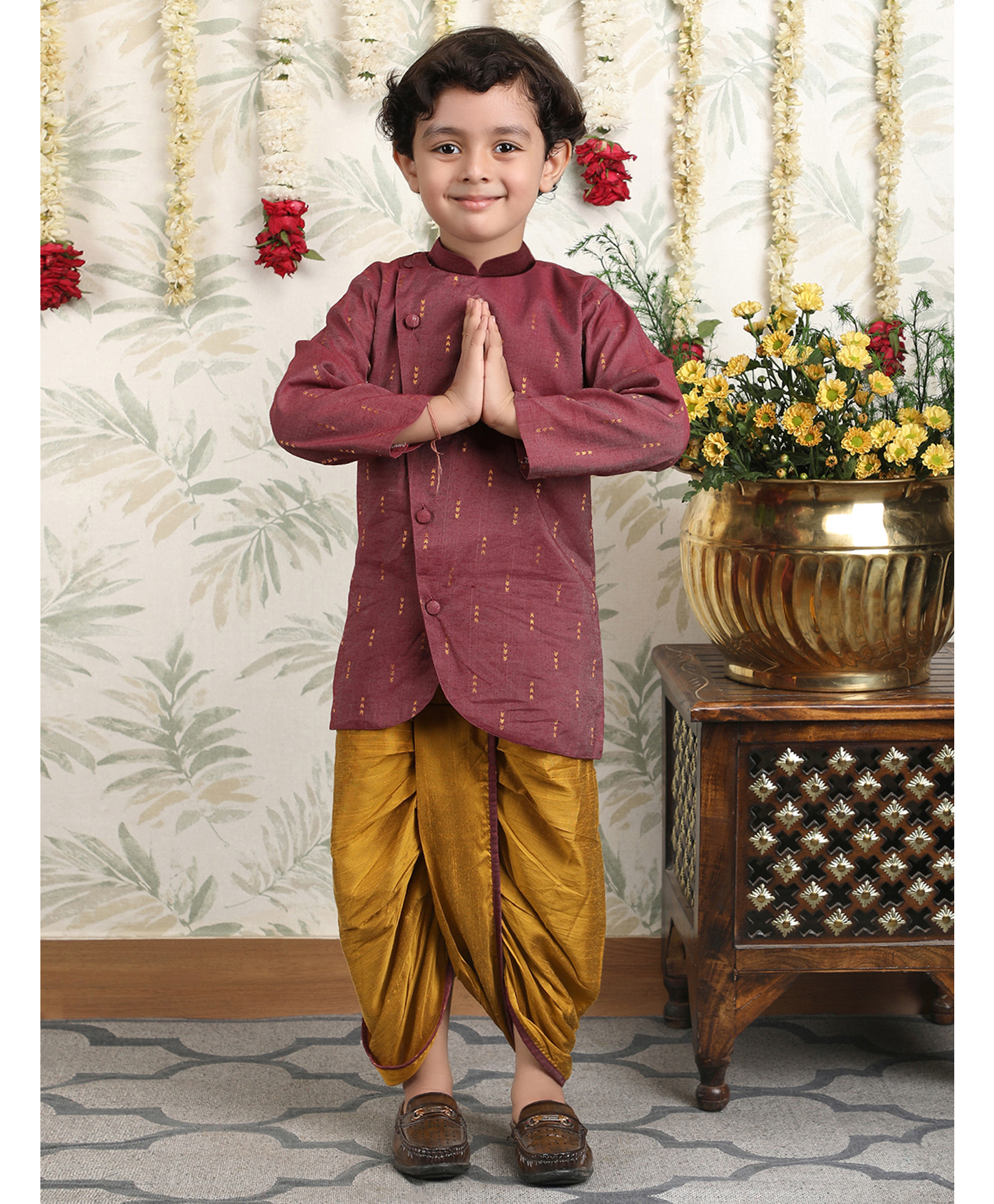 Polka Tots Cotton Woven Full Sleeves Abstract Printed Angrakha Kurta With Dhoti Set - Maroon-picture-26