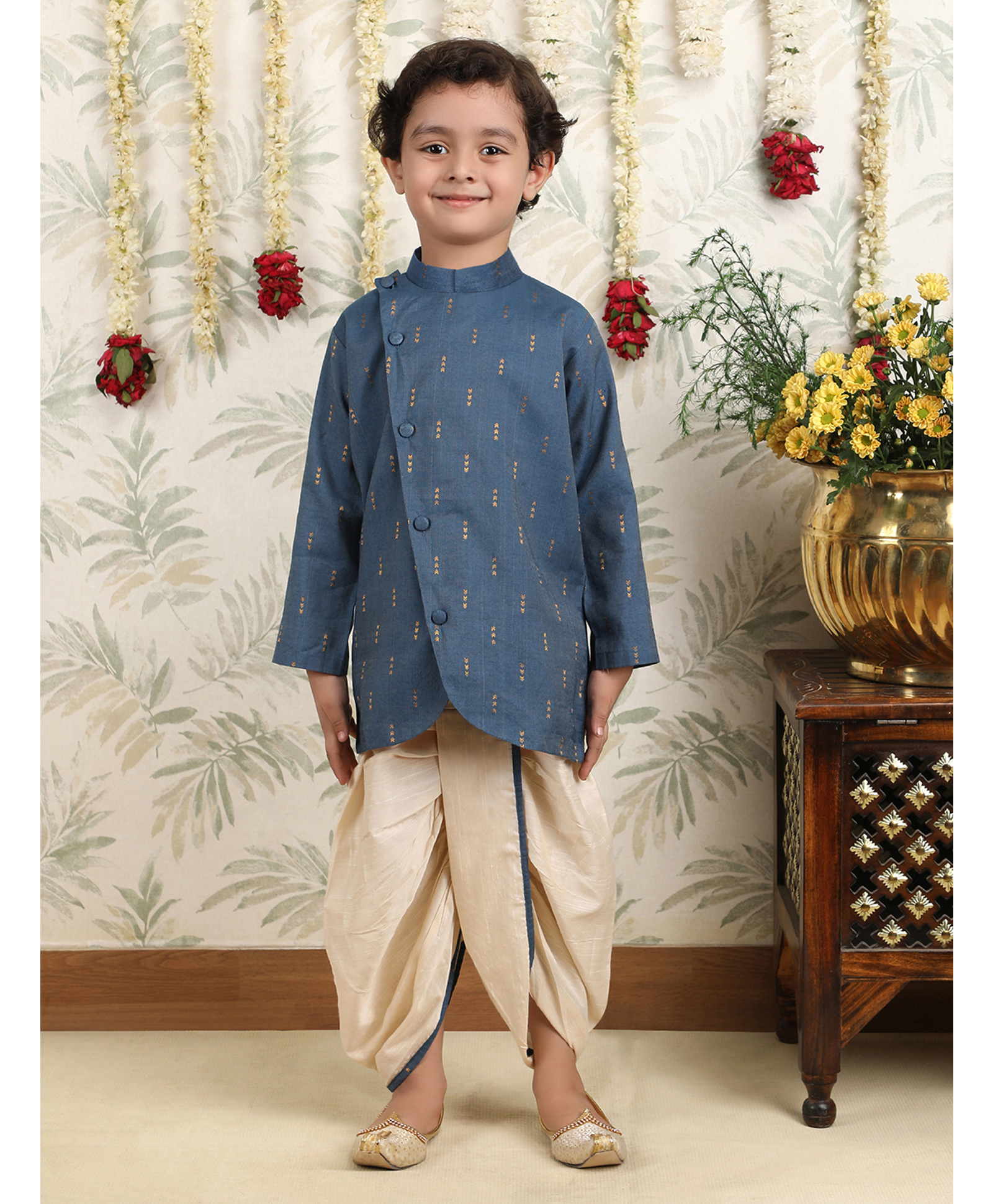 Polka Tots Cotton Woven Full Sleeves Abstract Printed Angrakha Kurta With Dhoti Set - Grey-picture-30