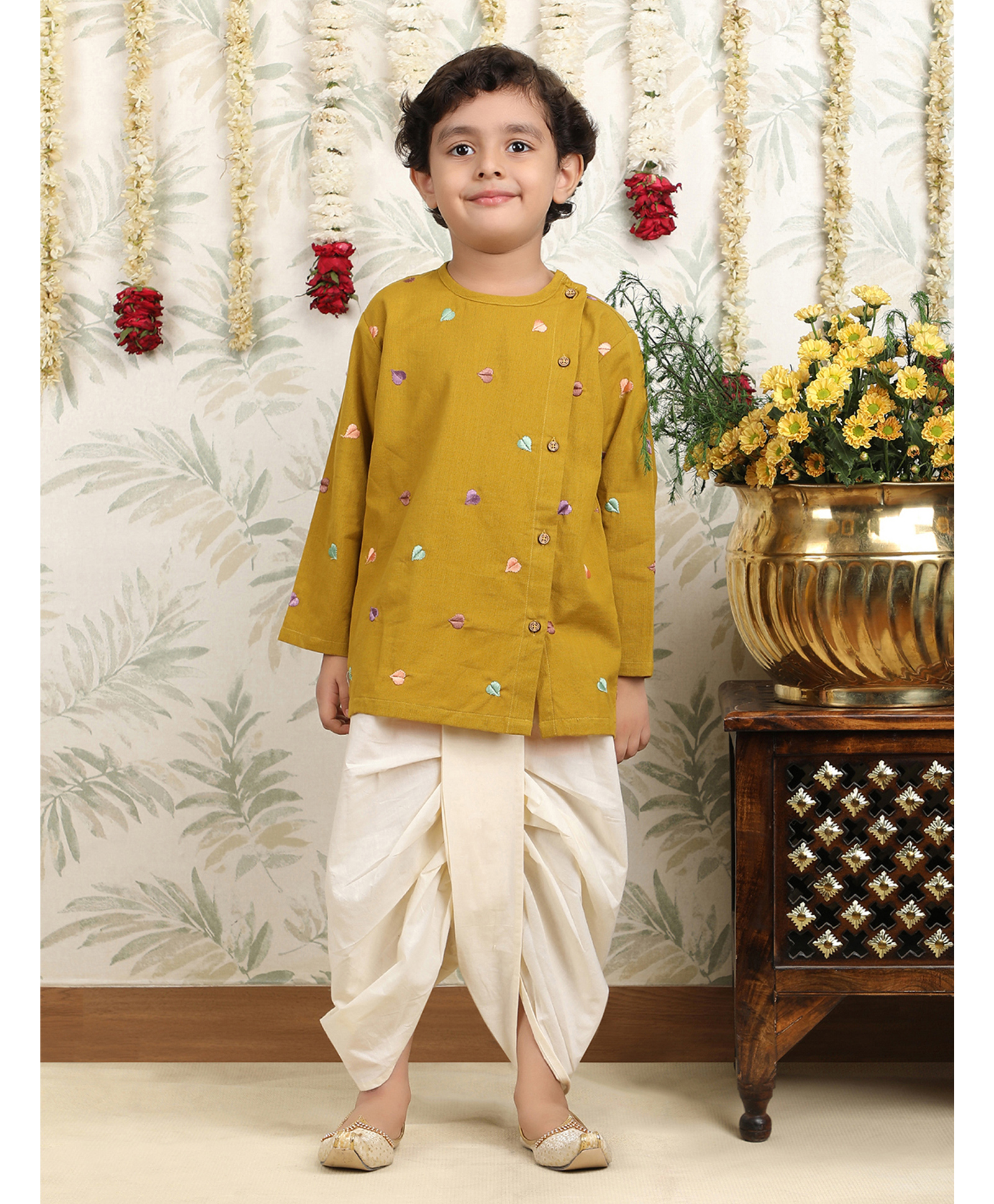 Polka Tots Cotton Woven Full Sleeves Abstract Threadwork Embroidered Angrakha Kurta With Dhoti Set - Yellow-image-11