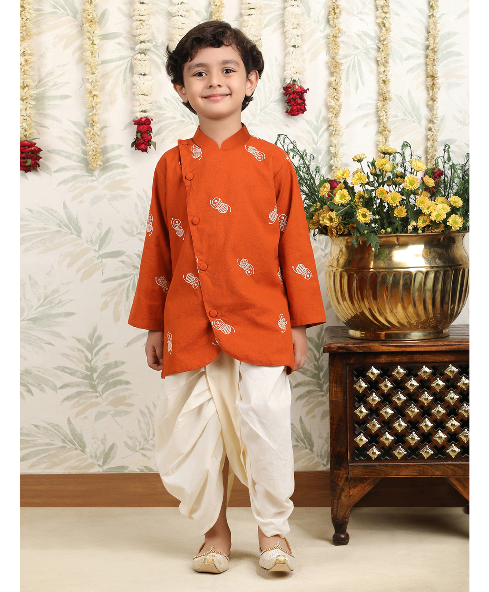 Polka Tots Cotton Woven Full Sleeves Damru Embroidered Kurta Dhoti Set - Orange-picture-25
