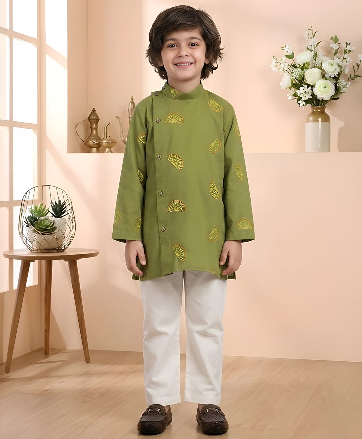 Polka Tots Cotton Woven Full Sleeves Abstract Embroidered Angrakha Style Kurta Pyjama Set - Green-picture-29