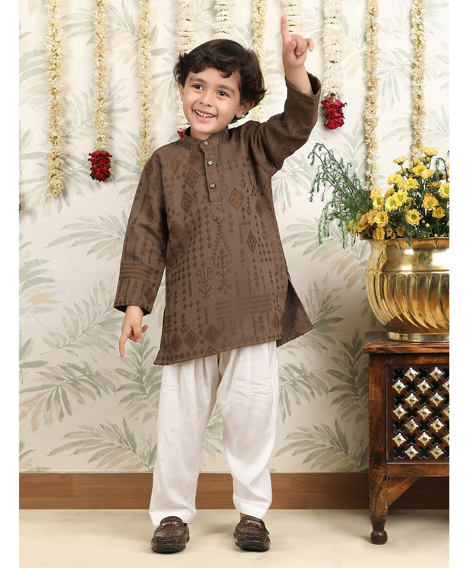 Polka Tots Cotton Woven Full Sleeves Ikat Printed Pathani Kurta Pyjama Set - Brown-picture-13