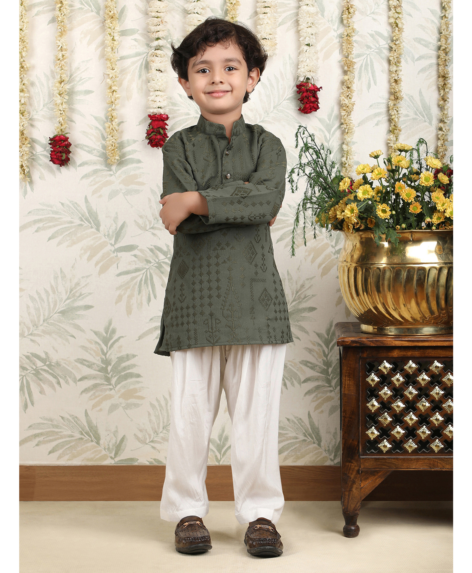 Polka Tots Cotton Woven Full Sleeves Ikat Printed Pathani Kurta Pyjama Set - Green-picture-18