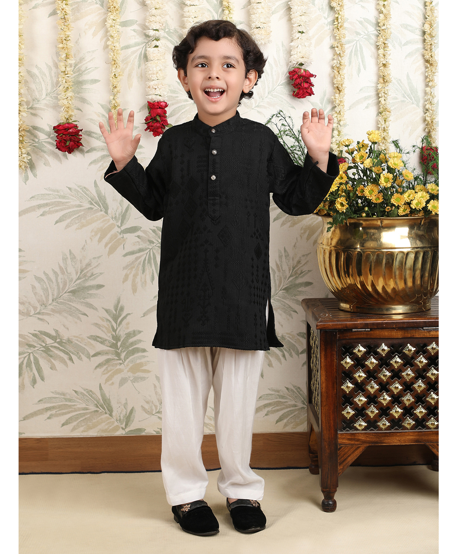 Polka Tots Cotton Woven Full Sleeves Geometric Embroidered Pathani Kurta Pyjama Set - Black-picture-22