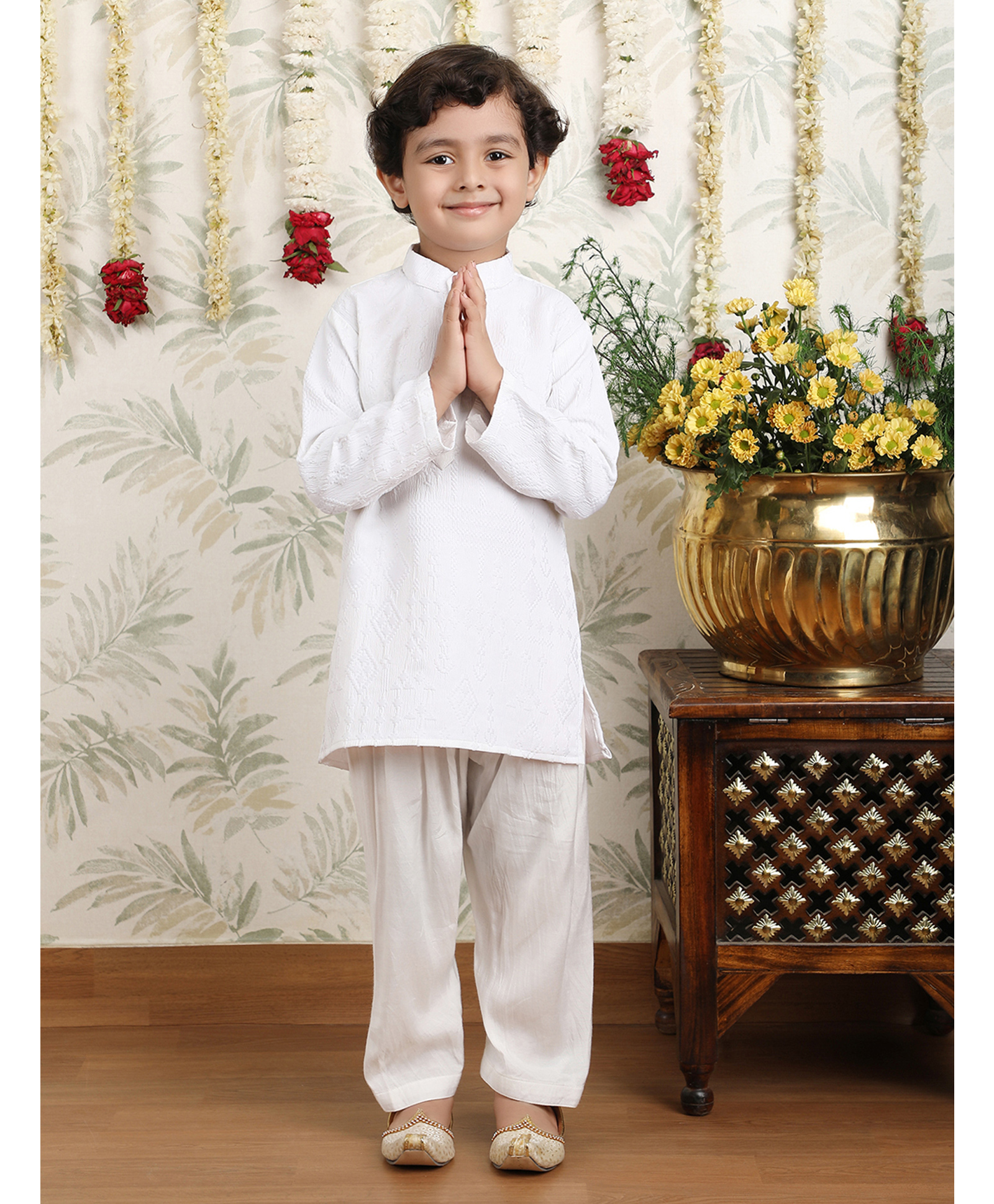 Polka Tots Cotton Woven Full Sleeves Geometric Embroidered Pathani Kurta Pyjama Set - White-picture-14