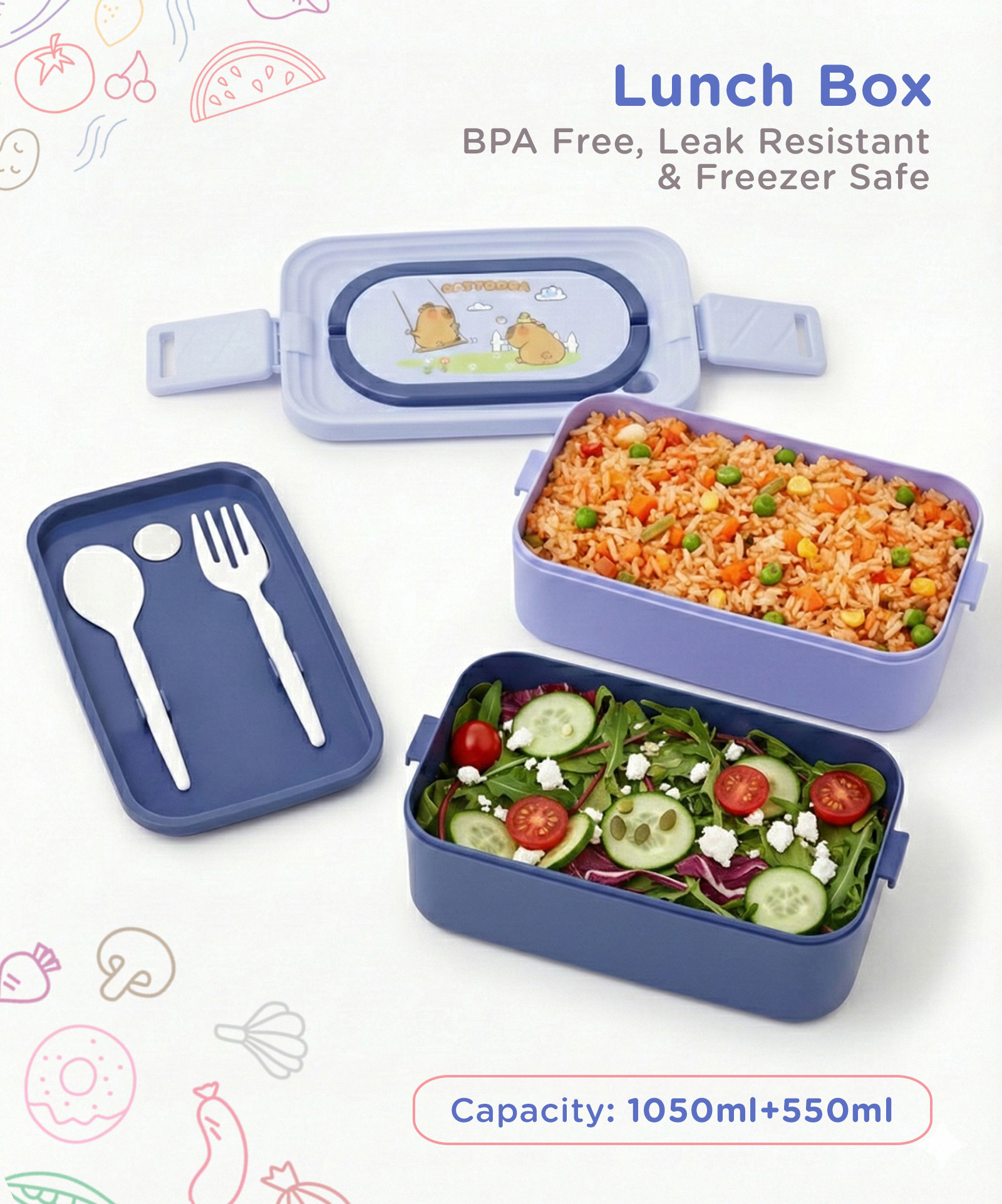 Capybara Print 2 Tier Lunch Box 1050ml+550ml - Blue| BPA Free| Leak Resistant & Freezer Safe| Spoon & Fork| School Tiffin Box for Boys & Girls-image-43