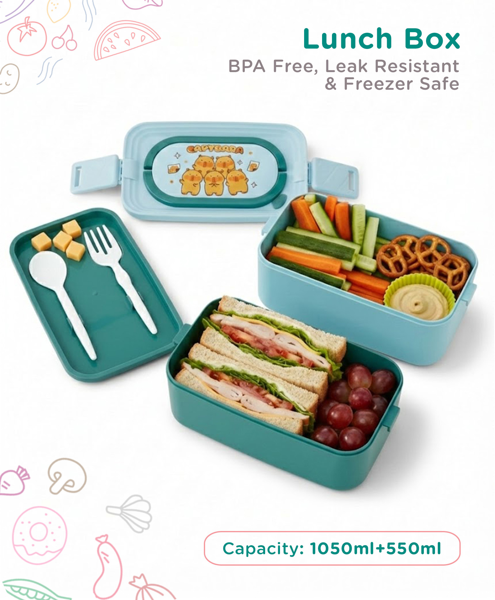 Capybara Print 2 Tier Lunch Box 1050ml+550ml - Green| BPA Free| Leak Resistant & Freezer Safe| Spoon & Fork| School Tiffin Box for Boys & Girls-image-44