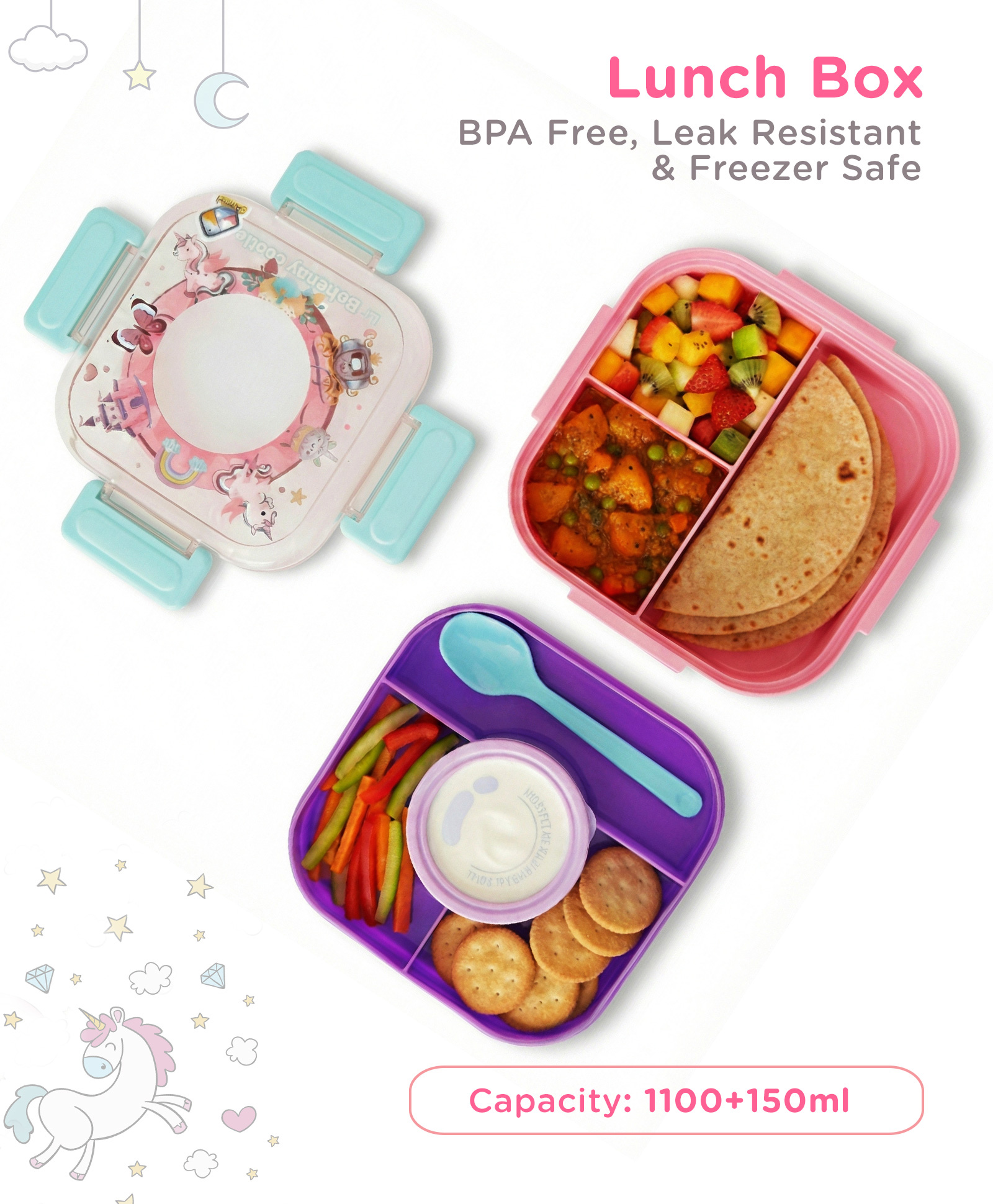 Unicorn Kids Lunch Box with Inner Container & Spoon - Pink Purple| 1100+150ml| BPA Free| Leak Resistant & Freezer Safe-image-27