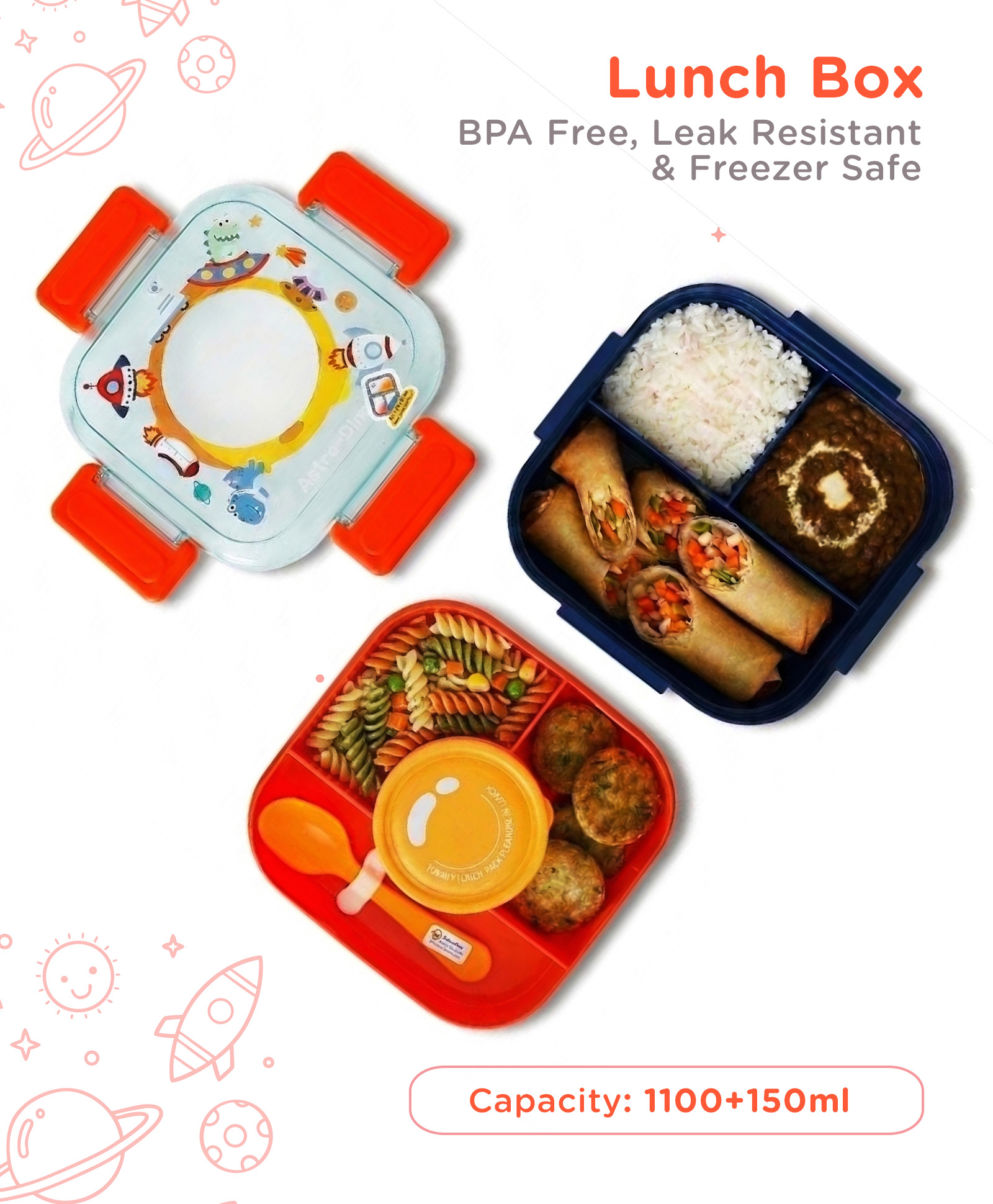 Space Dino Kids Lunch Box with Inner Container & Spoon - Blue Orange| 1100+150ml| BPA Free| Leak Resistant & Freezer Safe-image-2