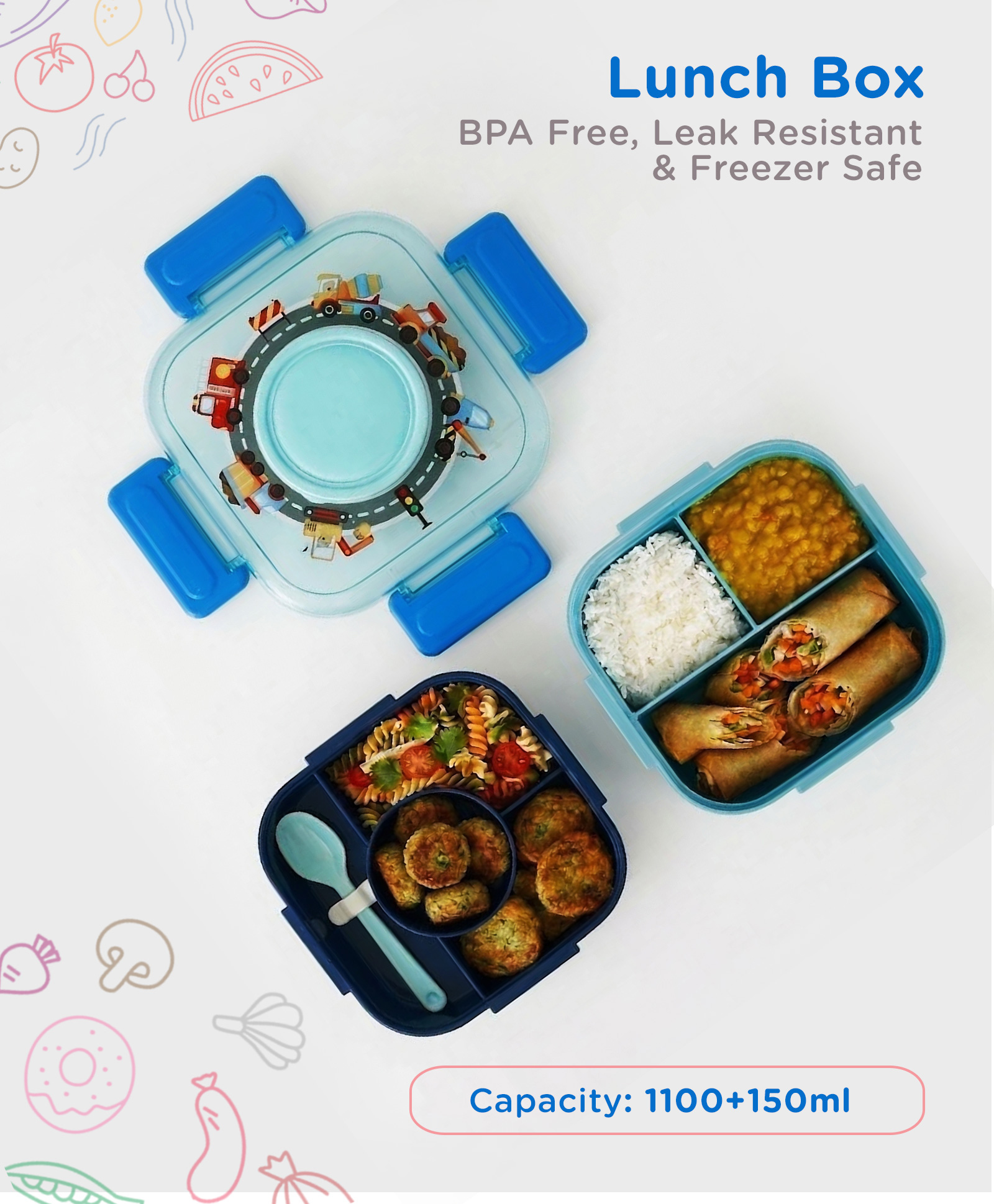 Vehicles Kids Lunch Box with Inner Container & Spoon - Blue| 1100+150ml| BPA Free| Leak Resistant & Freezer Safe-image-28
