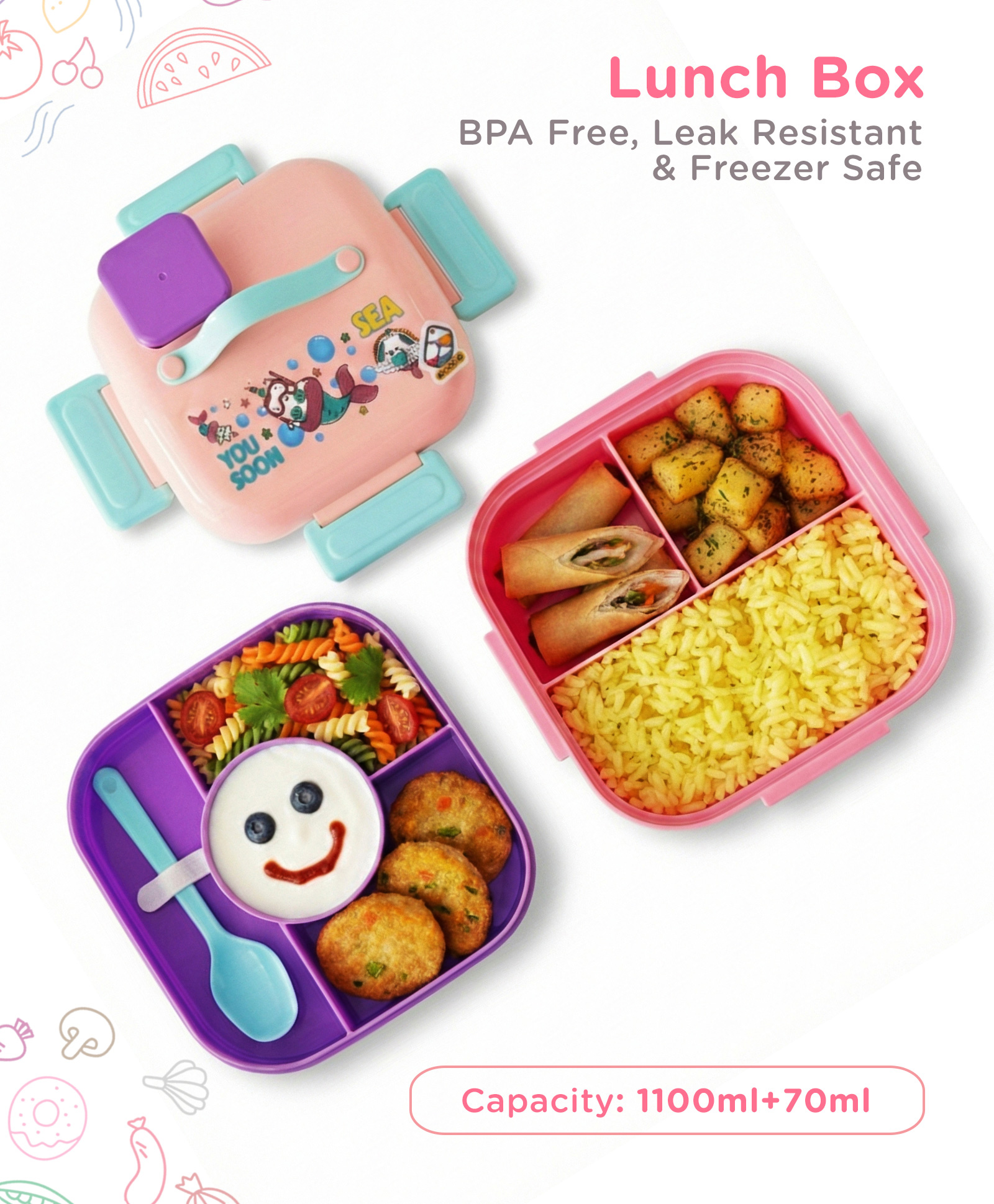 Compartment Kids Lunch Box (1100 + 70 ml) - Pink| Leak-Resistant| BPA-Free & Freezer-Safe| Double Layer Lunch Box with Spoon & Inner Tray for boys & Girls-image-19