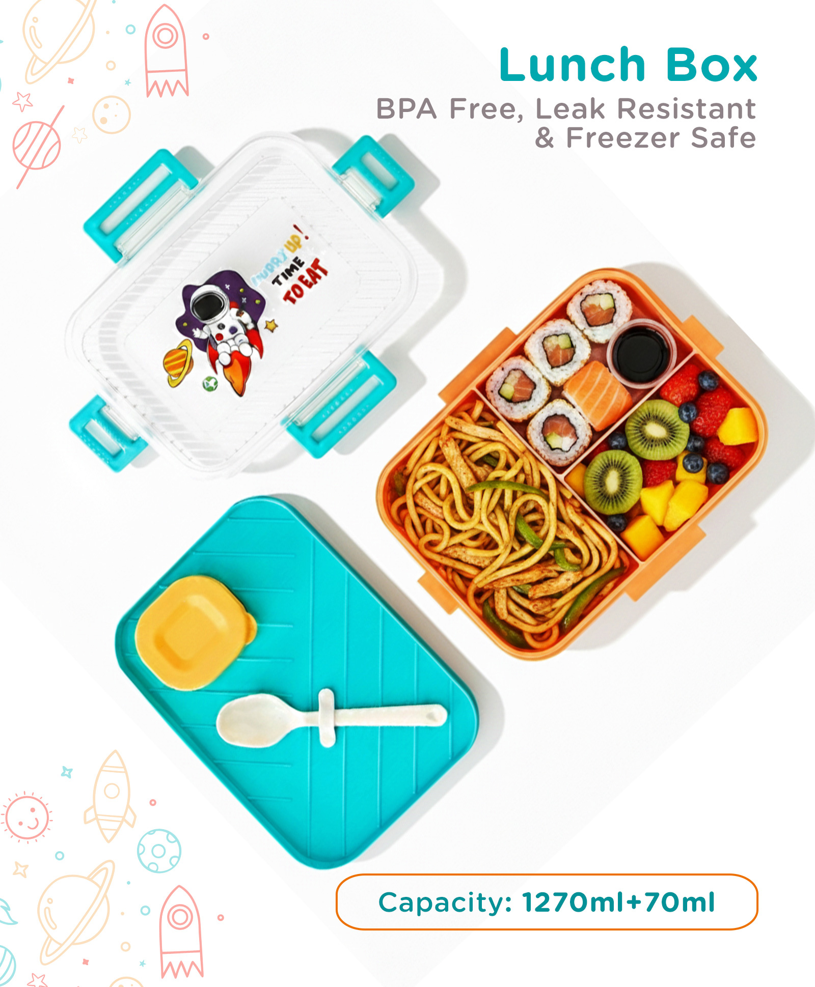 fab n funky Kids Section Lunch Box Set with Spoon (1270 ml + 70 ml) - Blue Orange| BPA-Free & Freezer-Safe| Leak-Resistant| Tiffin for School, Travel & Picnics| For School Going Boys & Girls-picture-35