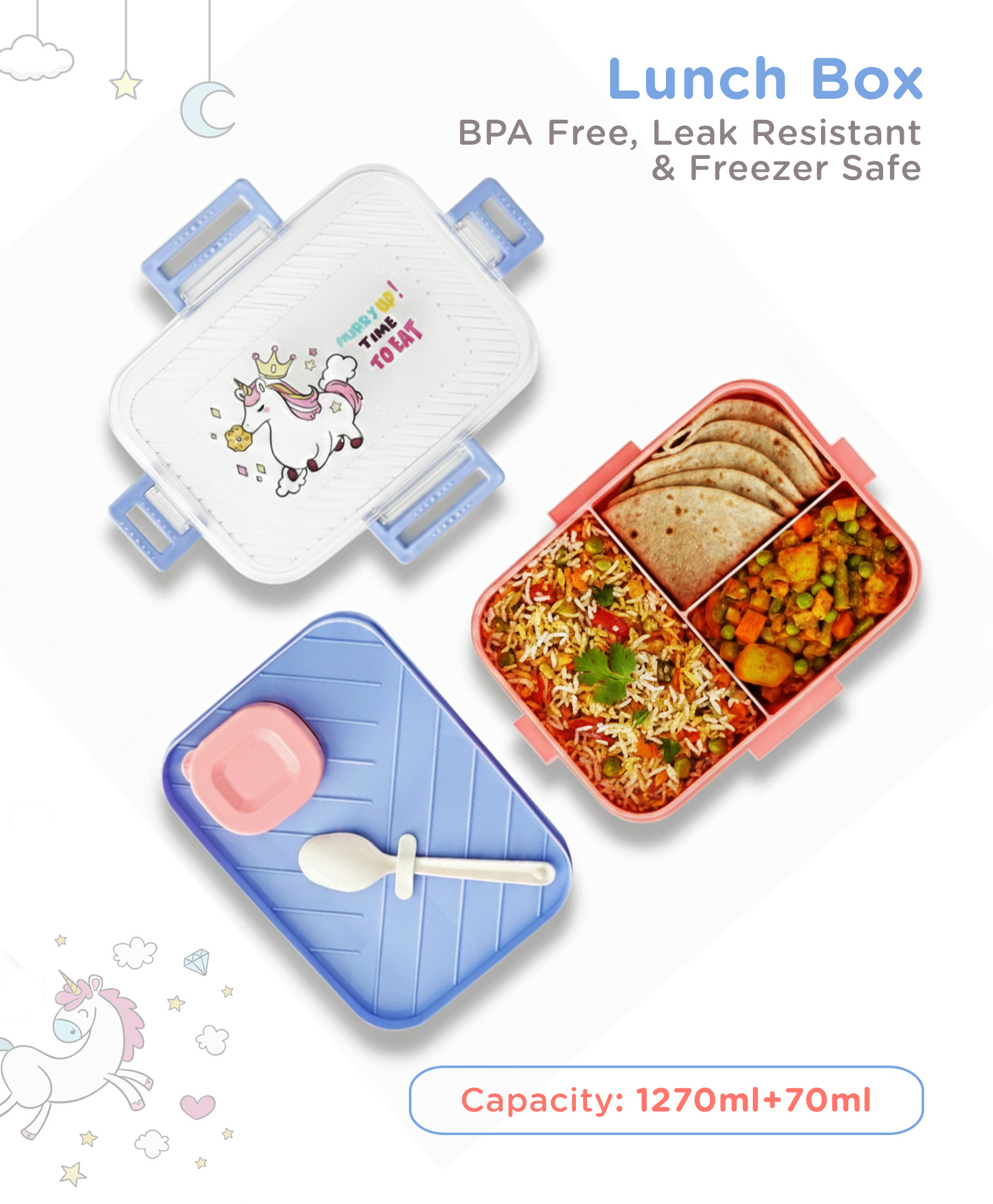 Kids Section Lunch Box Set with Spoon (1270 ml + 70 ml) - Purple Pink| BPA-Free & Freezer-Safe| Leak-Resistant| Tiffin for School, Travel & Picnics| For School Going Boys & Girls-image-45