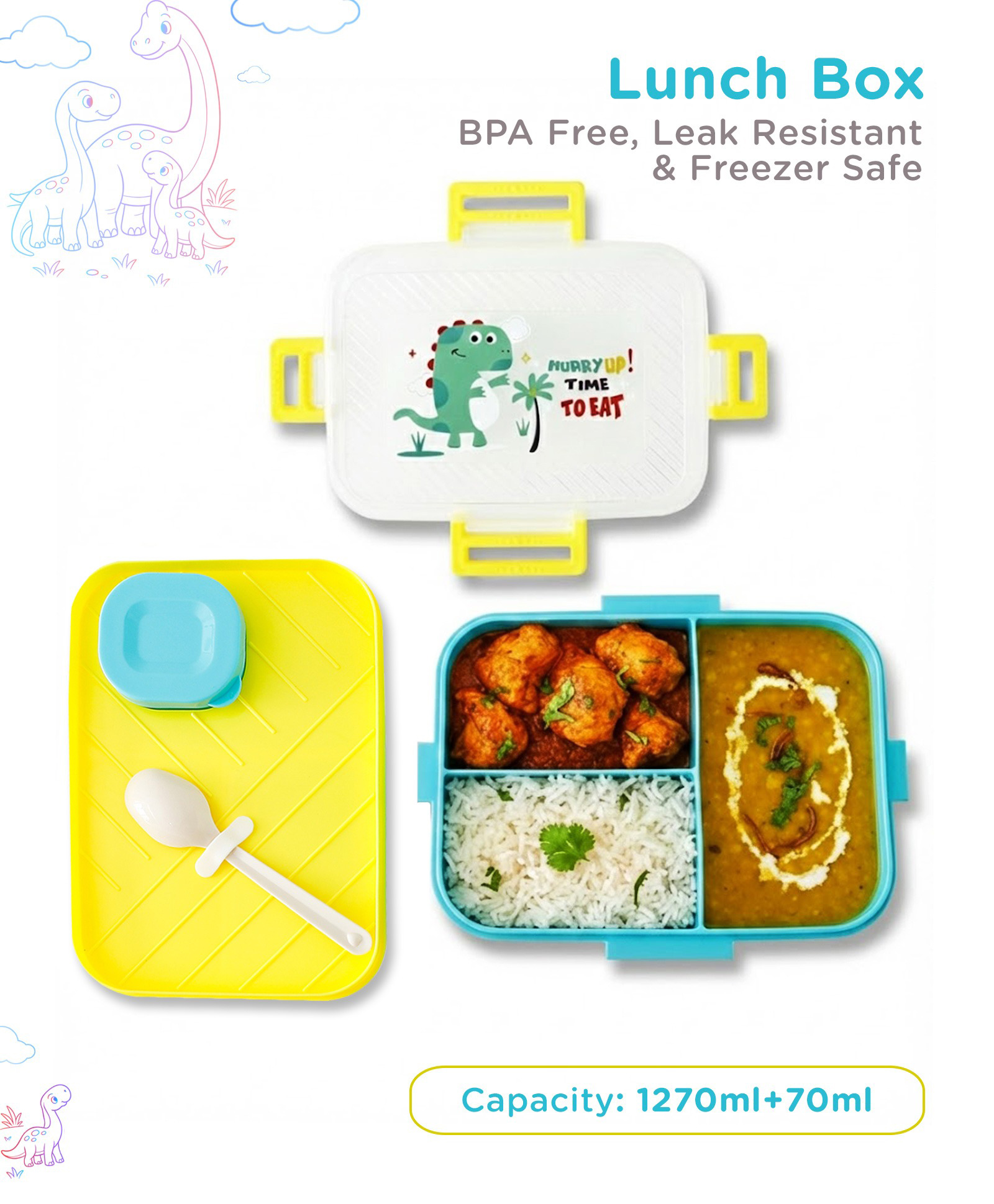 fab n funky Kids Section Lunch Box Set with Spoon (1270 ml + 70 ml) - Yellow Blue| BPA-Free & Freezer-Safe| Leak-Resistant| Tiffin for School, Travel & Picnics| For School Going Boys & Girls-picture-36