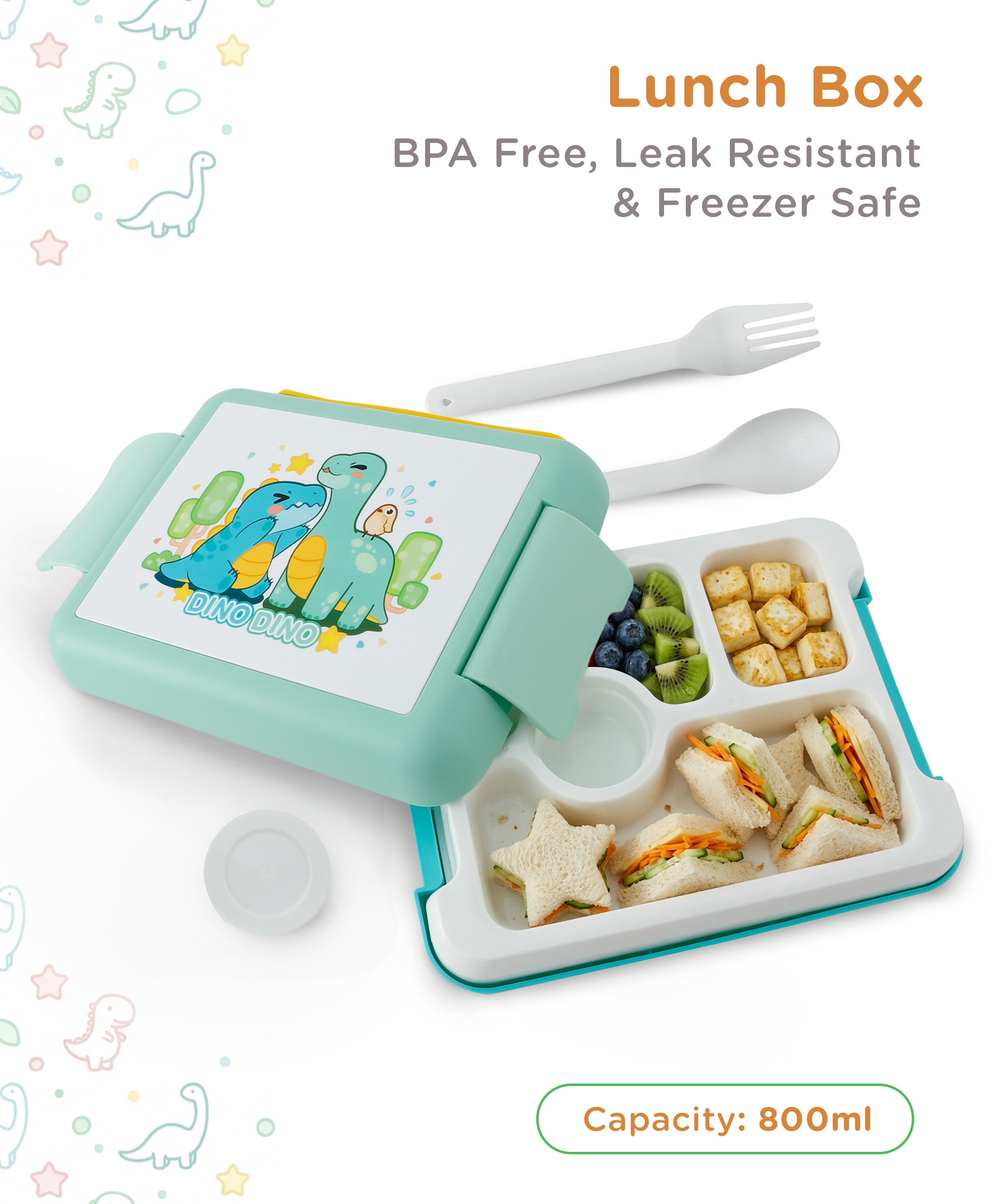 fab n funky Dino Land Sectioned Lunch Box with Spoon & Fork Blue| 2 Compartments + Sauce Container| BPA Free| Leak-Resistant & Freezer Safe| Ideal for School, Home & Travel-picture-19