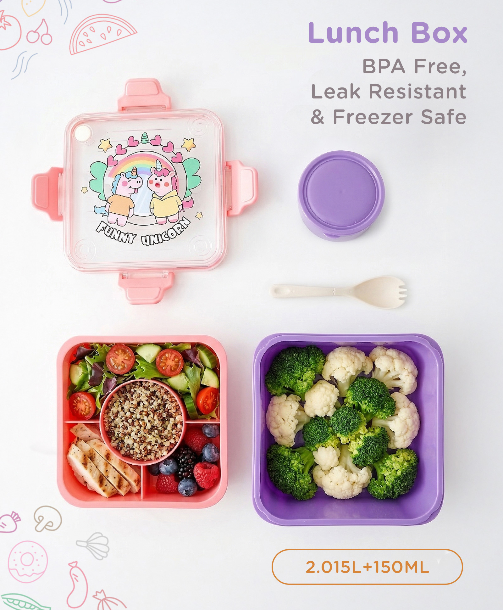Ocean World Lunch box 3 Compartment with Spoon 2000ml+150m - Pink Purple| BPA Free| Leak-Resistant & Freezer Safe| Ideal for School, Home & Travel| for Boys & Girls-image-39