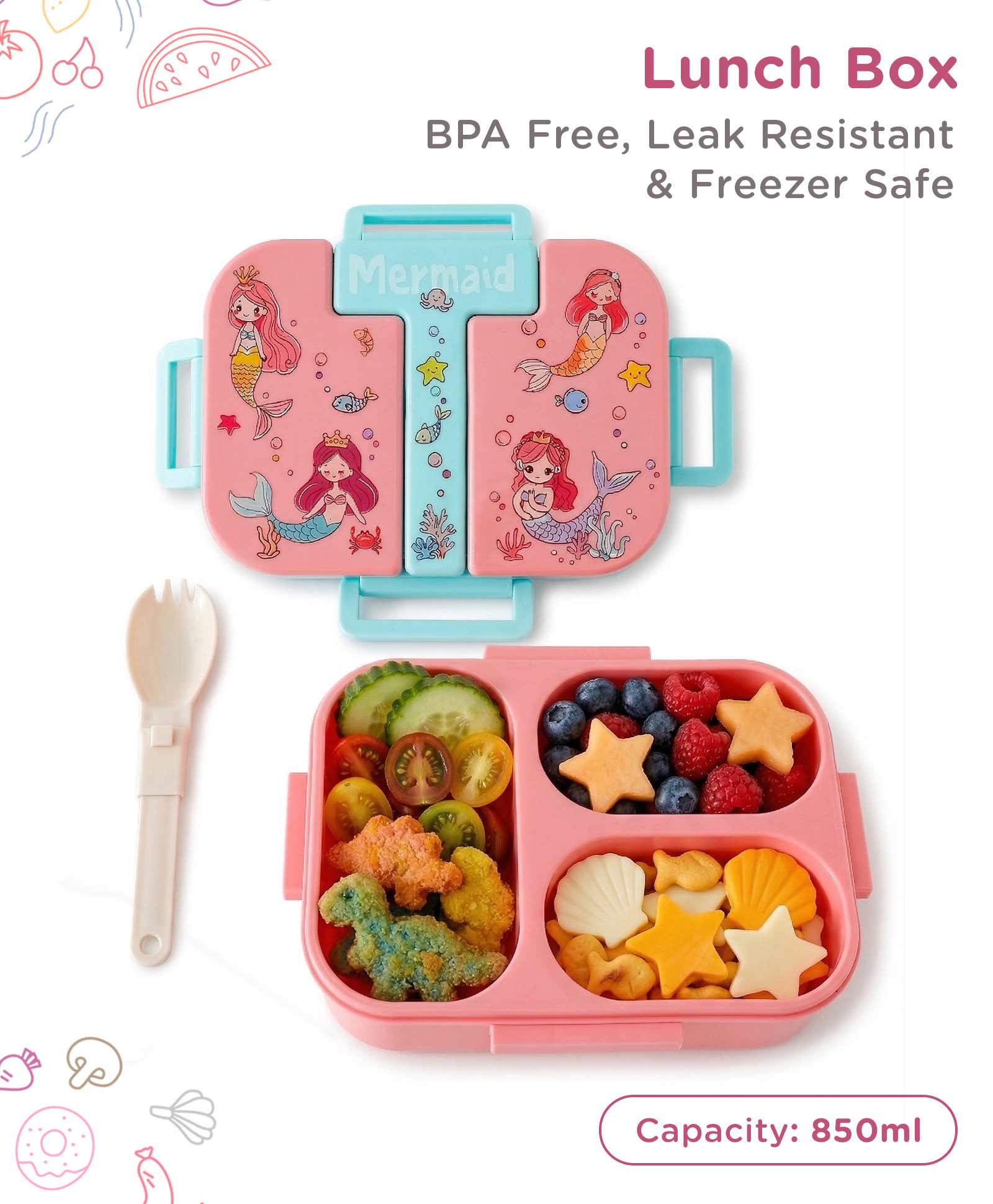 fab n funky Space Section Lunch box 3 Compartment with Spoon 850ml - Pink| BPA Free| Leak-Resistant & Freezer Safe| Ideal for School, Home & Travel| for School Going Boys & Girls-picture-31