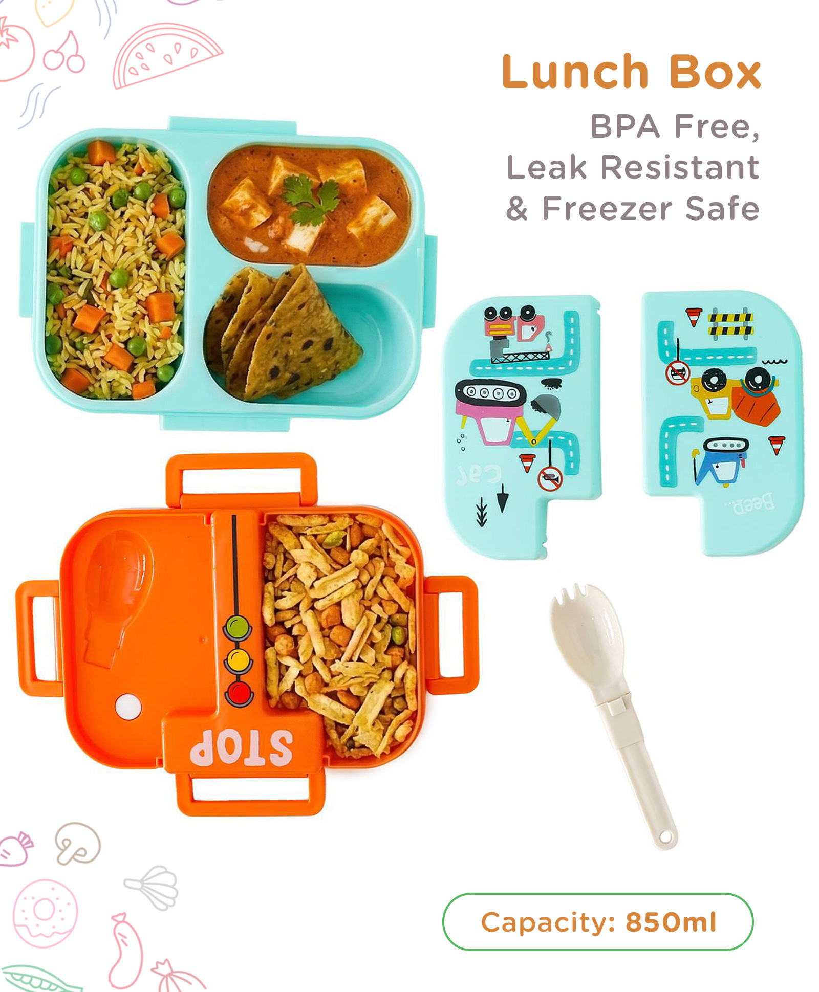 Space Section Lunch box 3 Compartment with Spoon 850ml - Blue Orange| BPA Free| Leak-Resistant & Freezer Safe| Ideal for School, Home & Travel| for School Going Boys & Girls-image-39