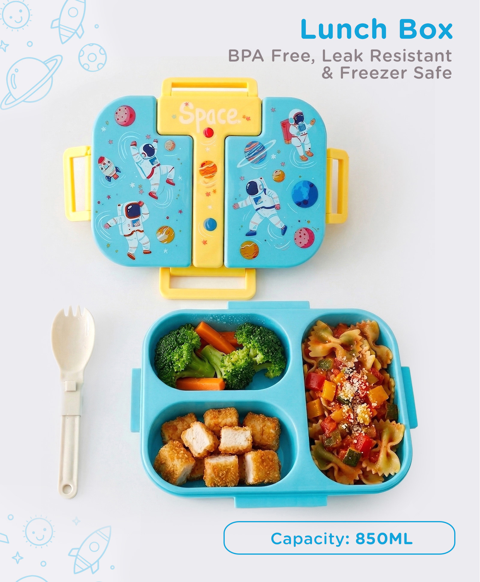 fab n funky Space Section Lunch box 3 Compartment with Spoon 850ml - Blue Yellow| BPA Free| Leak-Resistant & Freezer Safe| Ideal for School, Home & Travel| for School Going Boys & Girls-picture-27