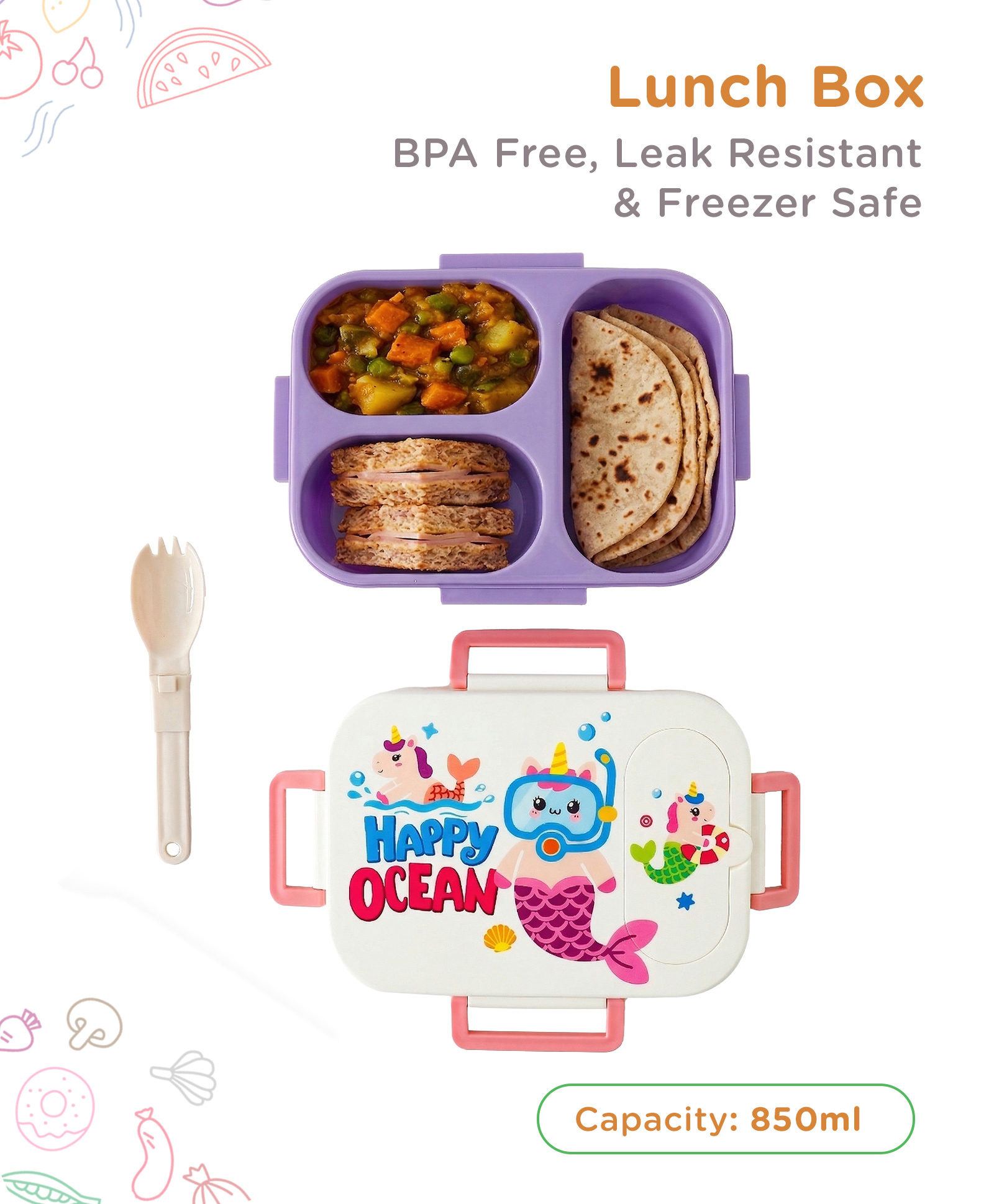 fab n funky Happy Ocean Section Lunch Box 850ml - Purple| 3 Compartment with Spoon| BPA Free| Leak-Resistant & Freezer Safe| Ideal for School, Home & Travel| for Boys & Girls-picture-15