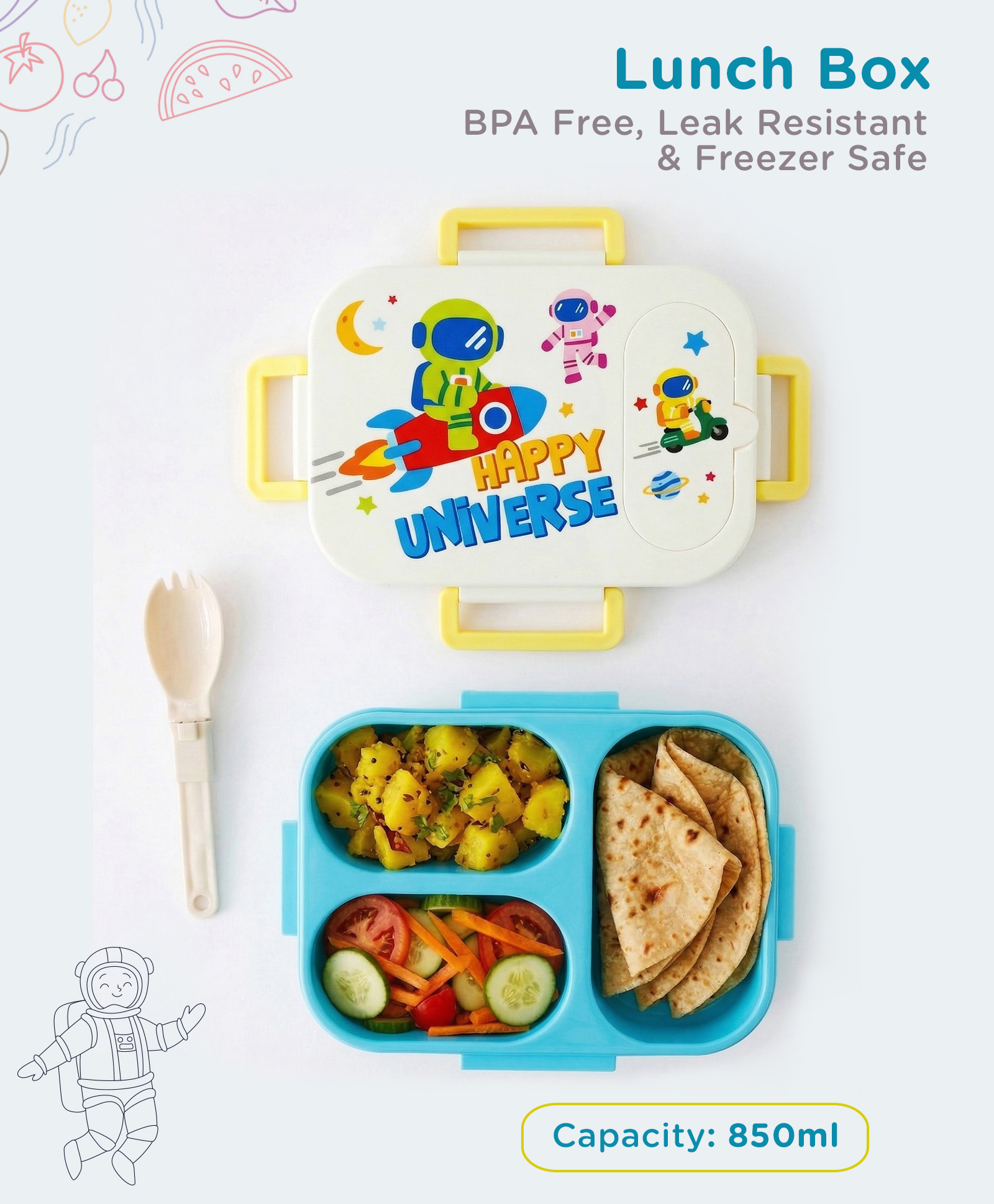 fab n funky Happy Ocean Section Lunch Box 850ml - Blue| 3 Compartment with Spoon| BPA Free| Leak-Resistant & Freezer Safe| Ideal for School, Home & Travel| for Boys & Girls-picture-22